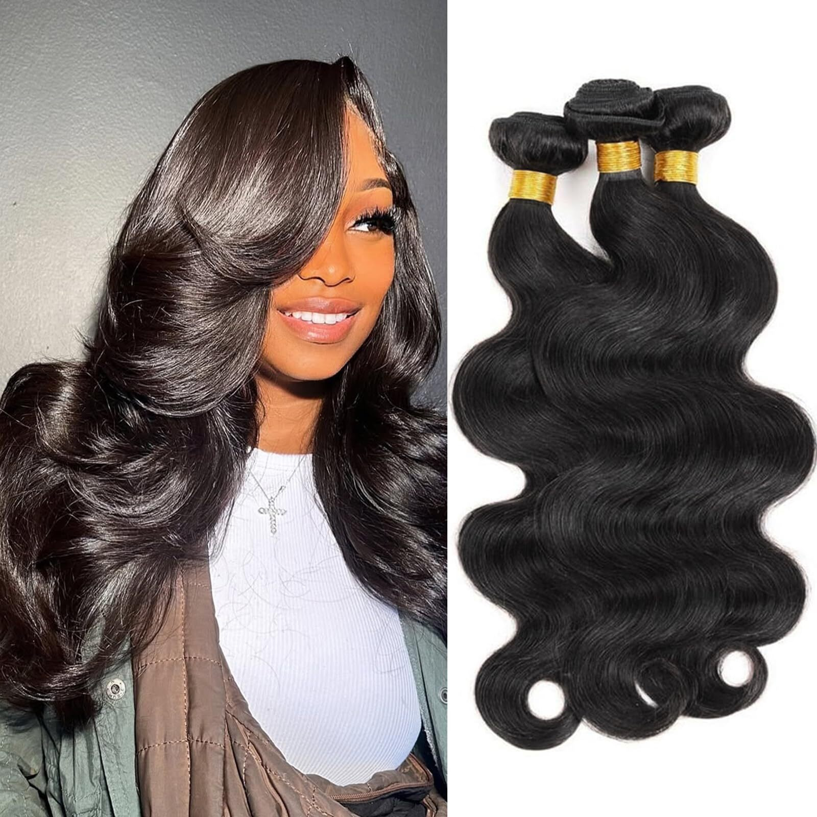 Body Wave Human Hair Bundles Human Hair 18 20 22 Inch 100% Unprocessed Brazilian Virgin Hair Quick Weave Hair Extensions For Black Women 3 Bundles Natural Black
