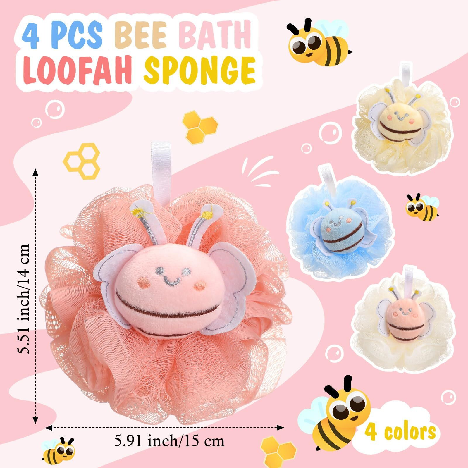 Reallnaive 4 Pcs Bee Bath Loofah Sponge Cartoon Body Scrubber Loofah Soft Mesh Exfoliating Bath Scrubber Shower Ball For Shower Sponge Gifts Exchange Birthday Party