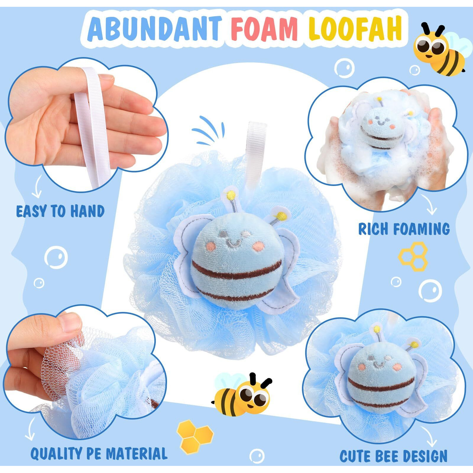 Reallnaive 4 Pcs Bee Bath Loofah Sponge Cartoon Body Scrubber Loofah Soft Mesh Exfoliating Bath Scrubber Shower Ball For Shower Sponge Gifts Exchange Birthday Party