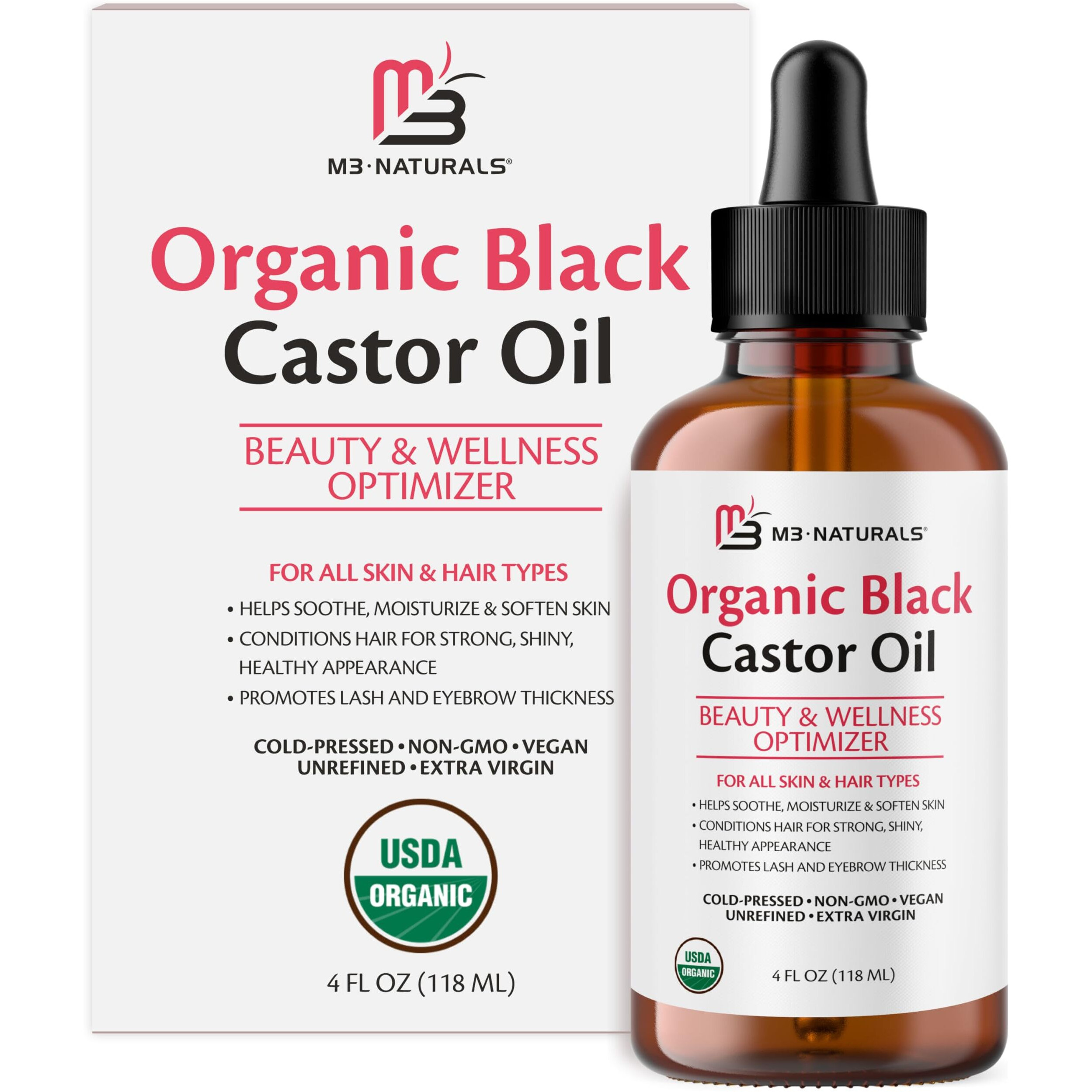M3 Naturals 100% Organic Cold-Pressed Black Castor Oil For Hair Growth, Face And Body Care | Hexane-Free And Unrefined In A 4 Fl Oz Glass Bottle With Dropper | Promotes Thicker Lashes And Eyebrows