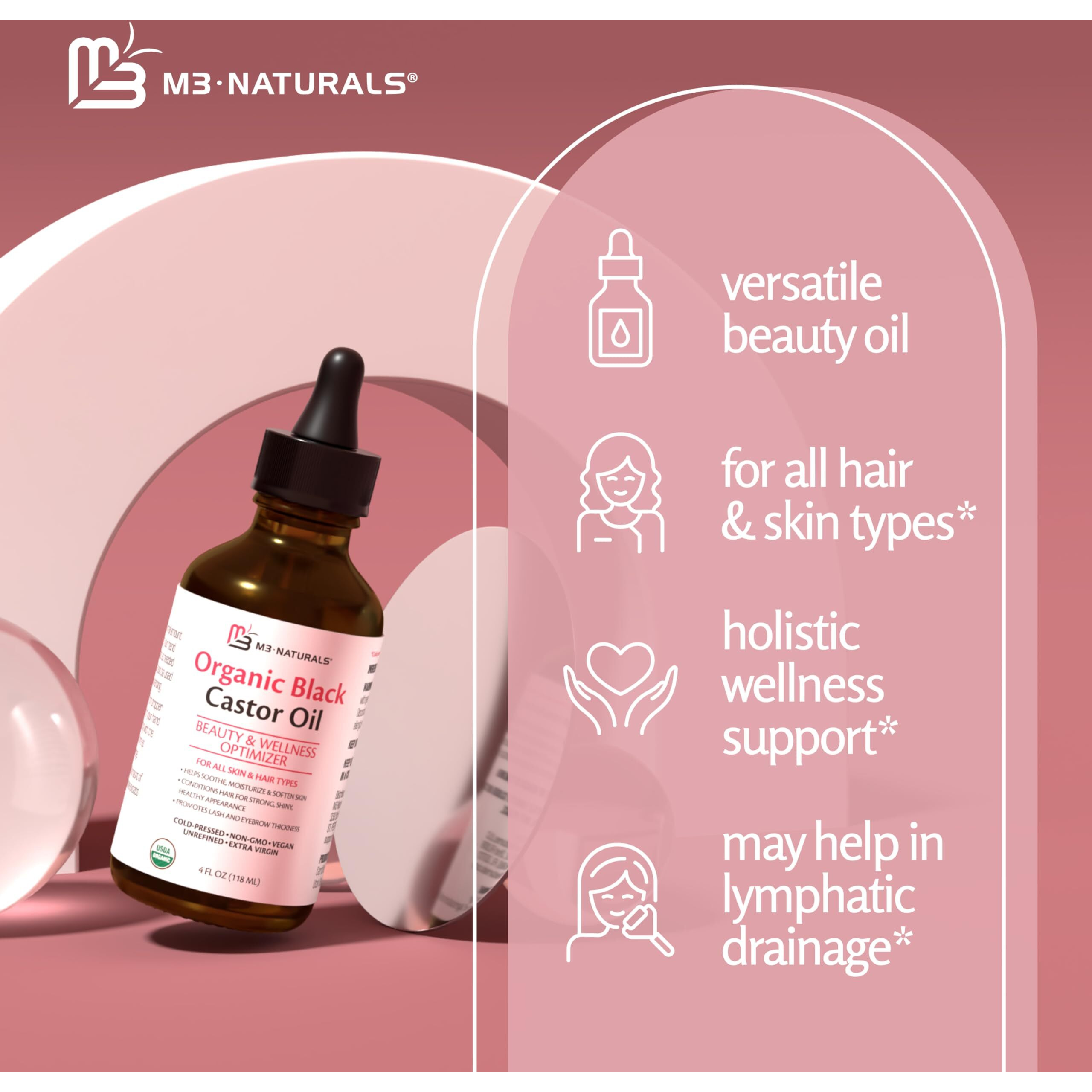 M3 Naturals 100% Organic Cold-Pressed Black Castor Oil For Hair Growth, Face And Body Care | Hexane-Free And Unrefined In A 4 Fl Oz Glass Bottle With Dropper | Promotes Thicker Lashes And Eyebrows