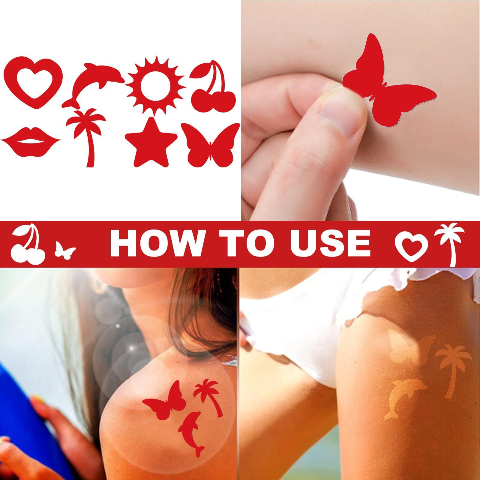 Whaline 240Pcs Tanning Sunbathing Stickers Heart Dolphin Sun Cherry Lip Tree Star Butterfly Tanning Decals Red Self Adhesive Body Stickers For Summer Beach Outdoor Indoor Salon Party Supplies