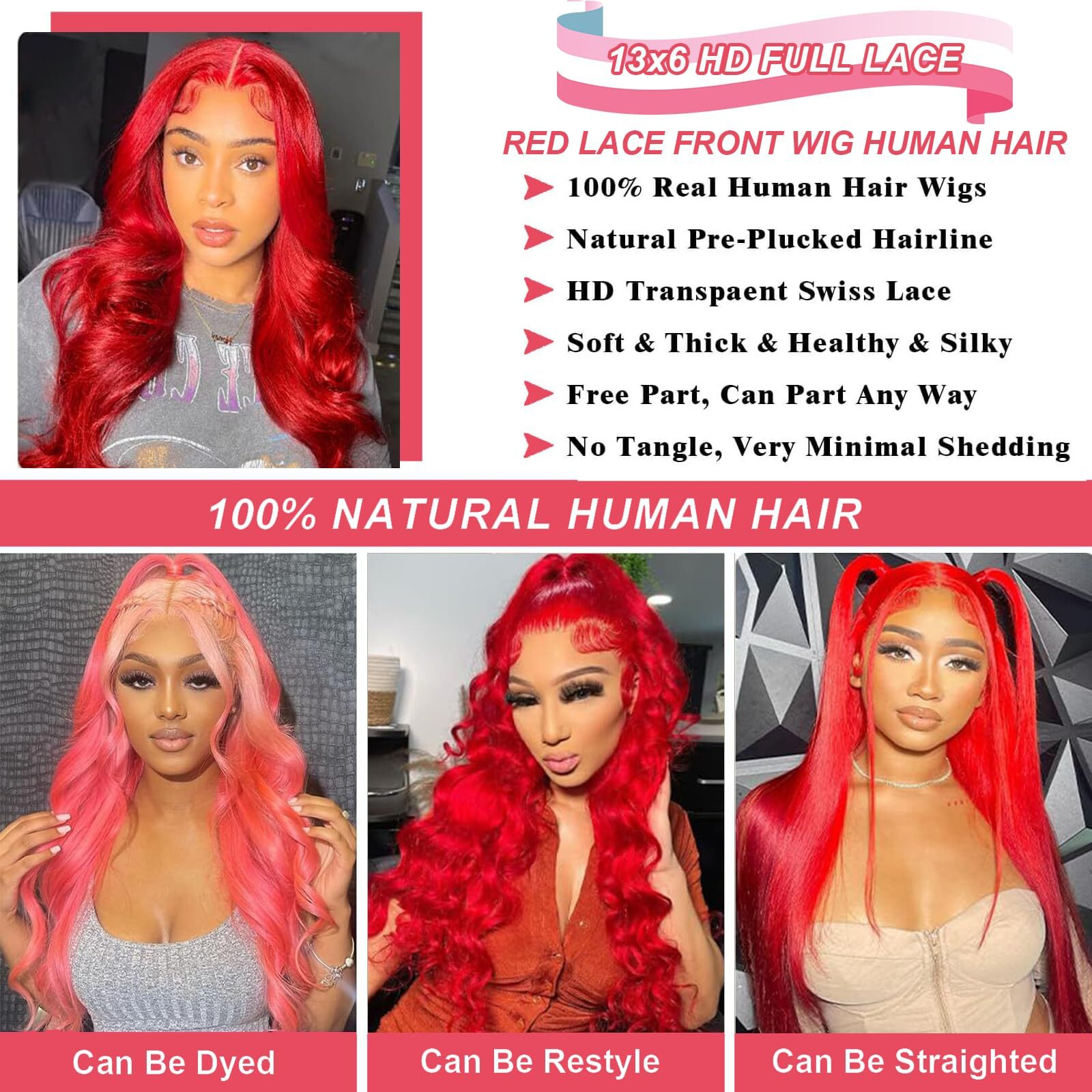 Elfsecret 32 Inch Red Lace Front Wigs Human Hair Body Wave 13X6 Hd Lace Frontal Wigs Human Hair Pre Plucked With Baby Hair 180% Density Wear And Go Glueless Burgundy Red Wig Hair For Black Women