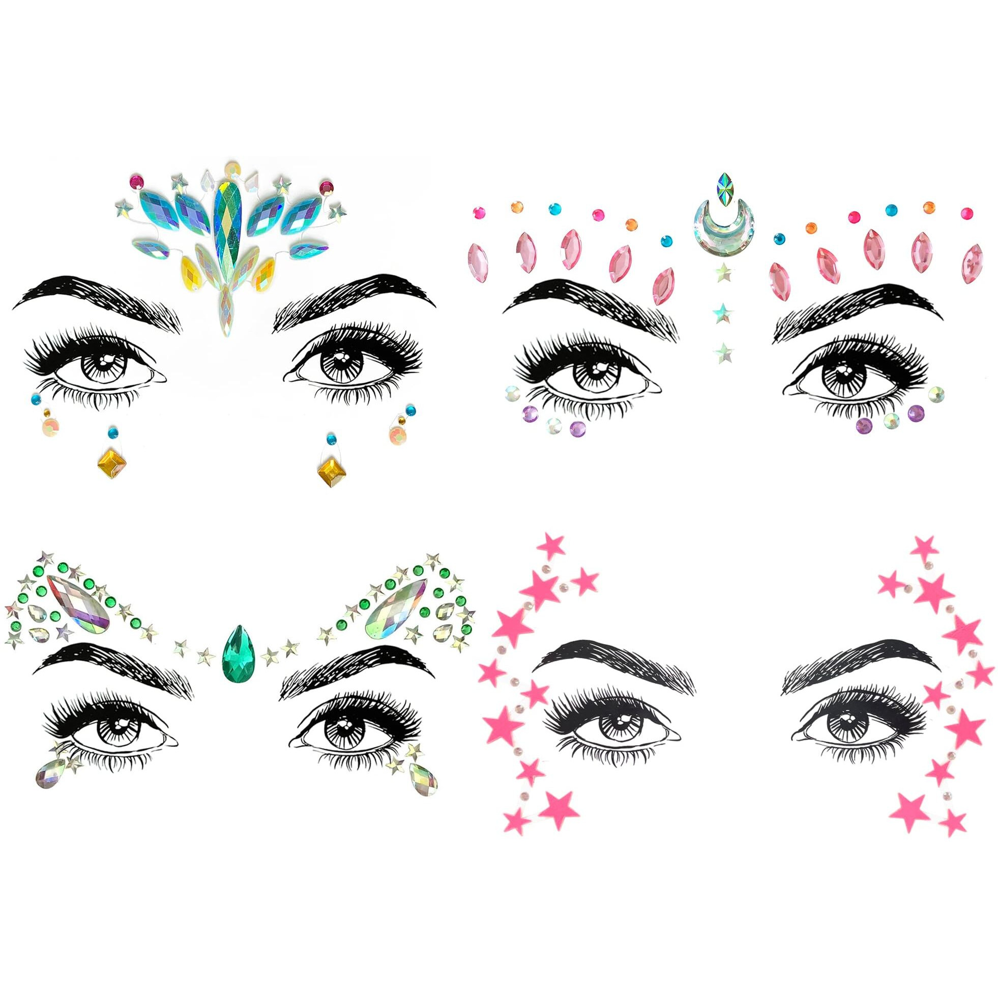 Shineyes Women Mermaid Face Gems Glitter,Rhinestone Rave Face Jewels Festival,Crystals Face Stickers, Eyes Face Body Temporary Tattoos (4 Pcs No.06)