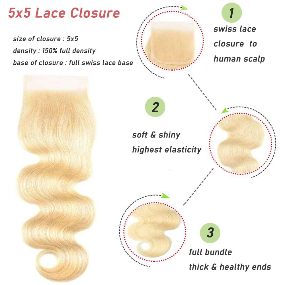 Blonde 5X5 Hd Lace Closure Brazilian Virgin Human Hair Body Wave Invisible Transparent Lace Pre Plucked With Baby Hair Natural Hairline Free Part 150 Density 16 Inch