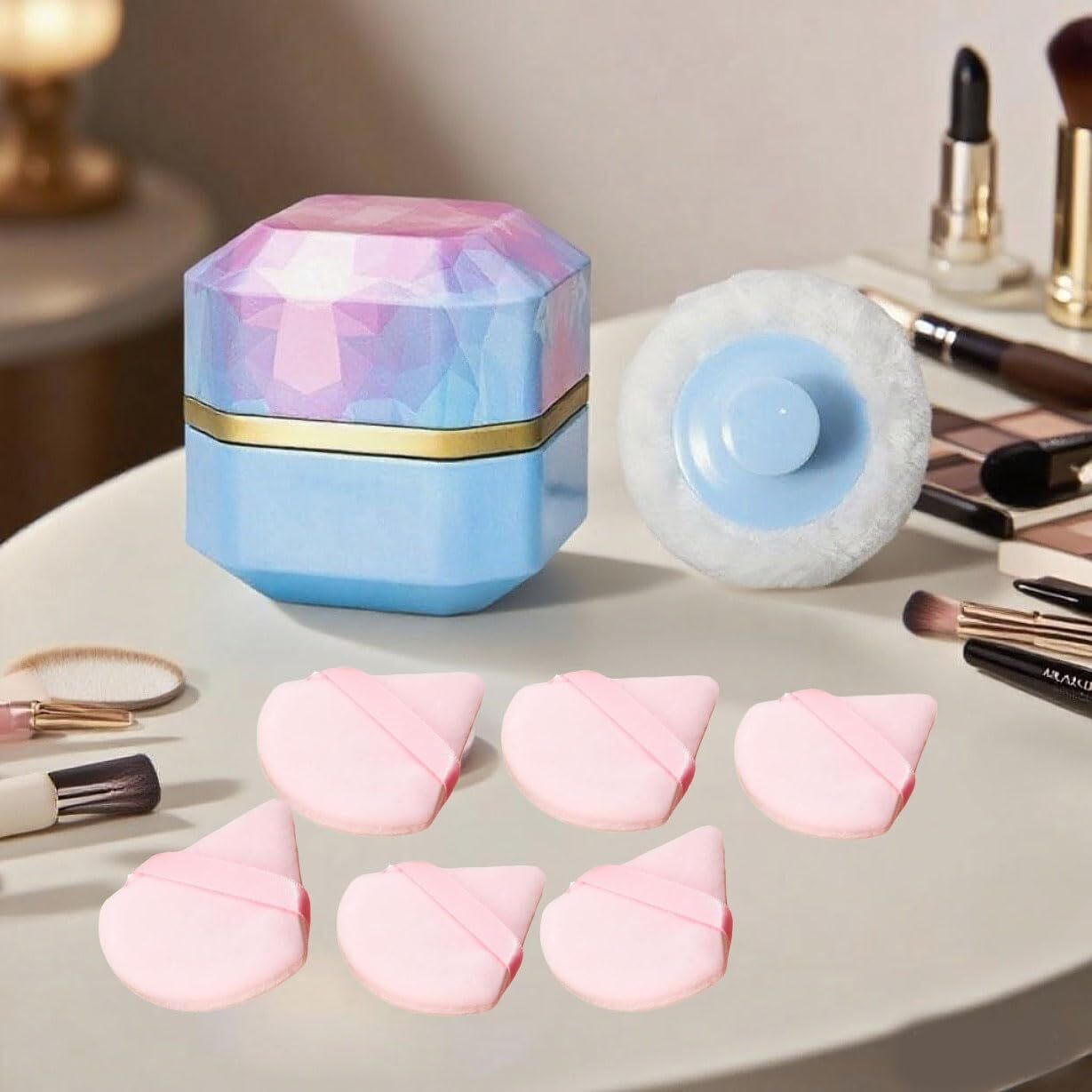 Body Powder Puff And Container, 3.35"" Portable Dusting Powder Container W/ 1Pc Soft Puff 6Pcs Triangle Powder Puffs For Face Powder Case Box Jar For Baby Women Home And Travel Use