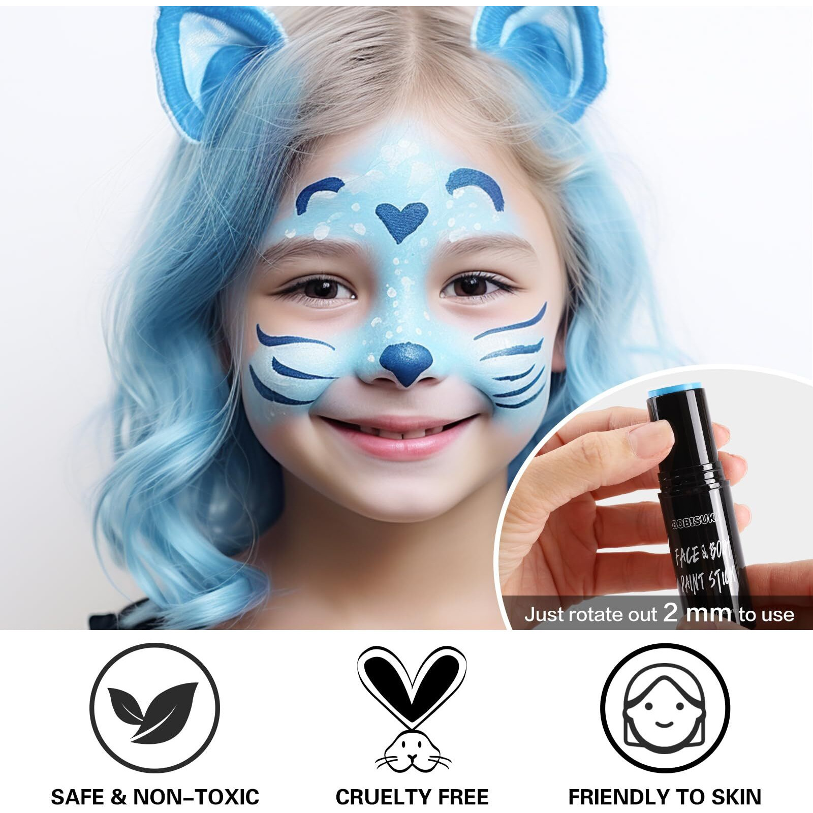 Bobisuka Light Blue Face Body Paint Stick Washable Water-Based Face Paint Makeup Stick For Halloween Corpse Bride, Sally, Avatar, Skeleton, Skull, Smurf, Cosplay, Sfx, Sports Eye Black & Costume Party