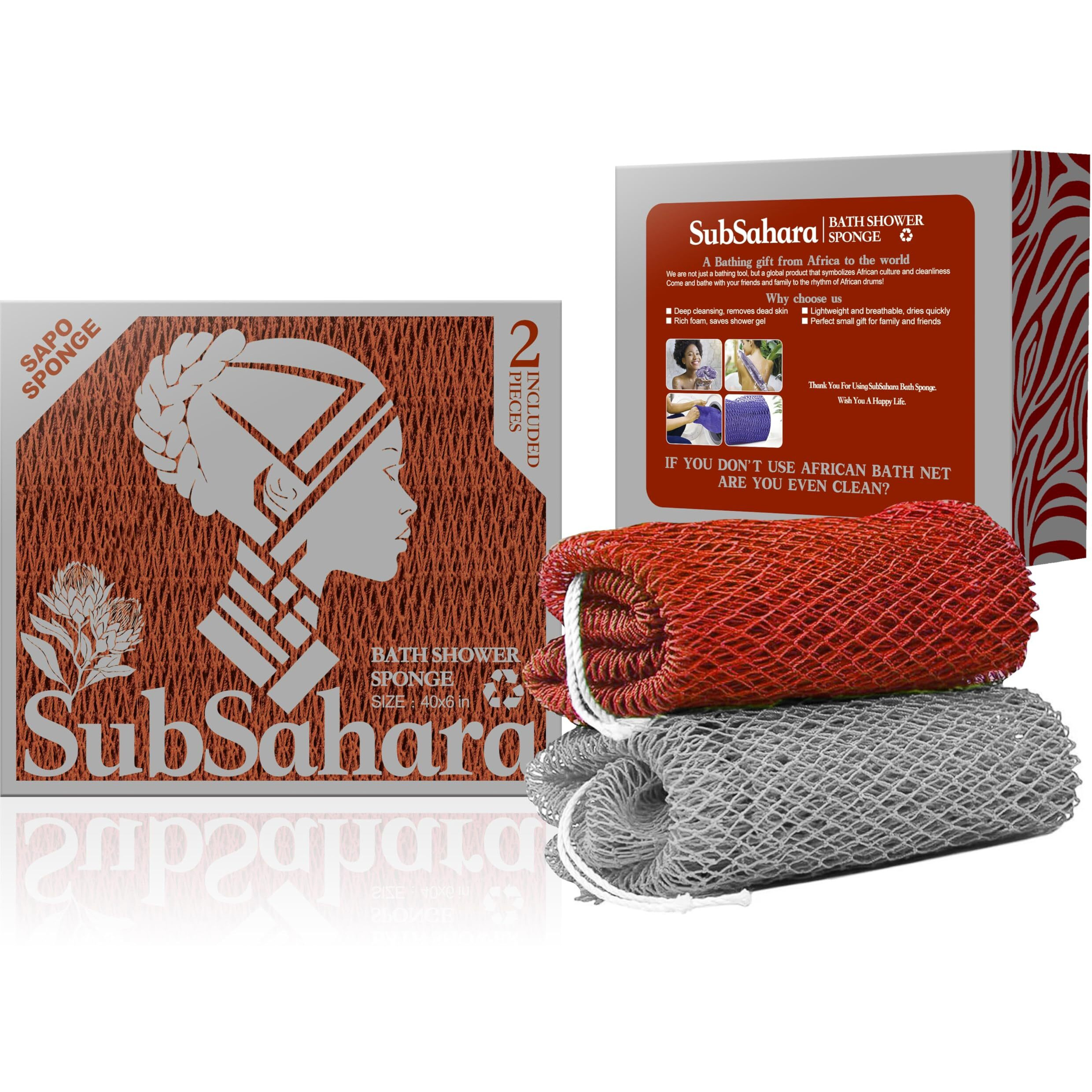 Subsahara Authentic African Net Sponge - 2 Pieces Exfoliating Scrubber For All Skin Types, Bath Sponge For Face & Body, Travel Portable, Durable, Gentle Exfoliation (Gray & Rust Red)