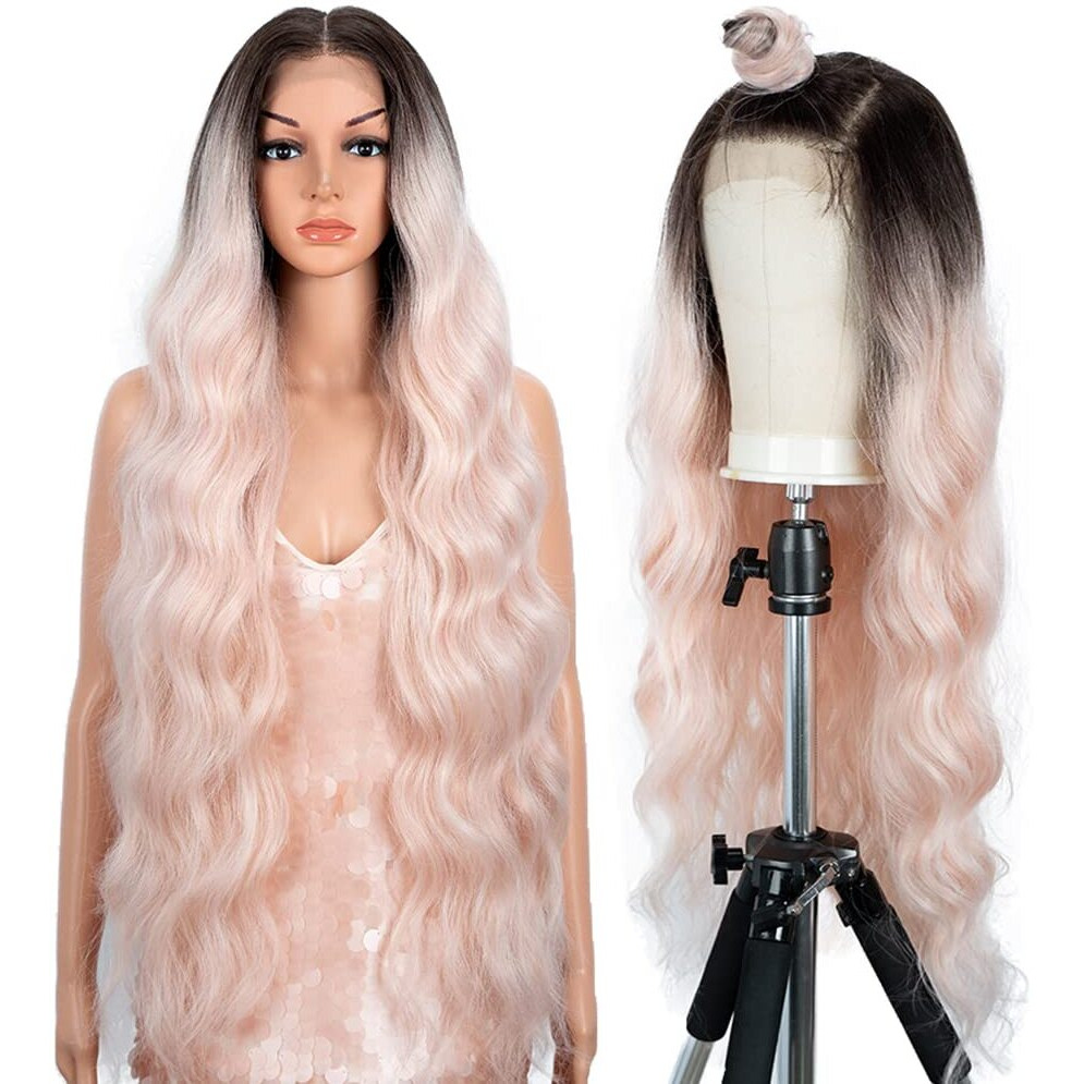 Style Icon 36"" Easy-360 Lace Wigs 13X6 Free Part Lace Frontal Wigs Super Long Body Wave Wavy Wig Synthetic Ombre Pink Wig (36 Inches, Tt6/Pink27)