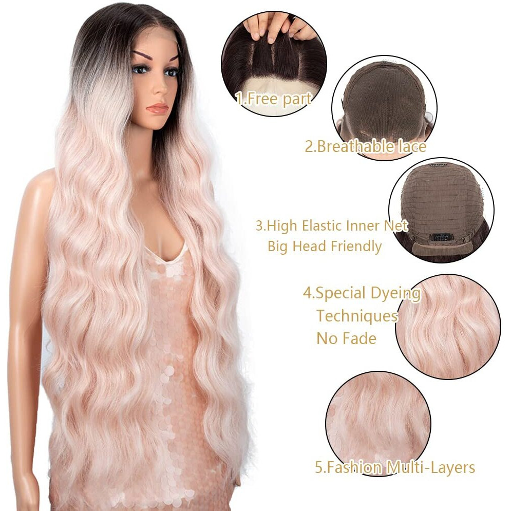 Style Icon 36"" Easy-360 Lace Wigs 13X6 Free Part Lace Frontal Wigs Super Long Body Wave Wavy Wig Synthetic Ombre Pink Wig (36 Inches, Tt6/Pink27)