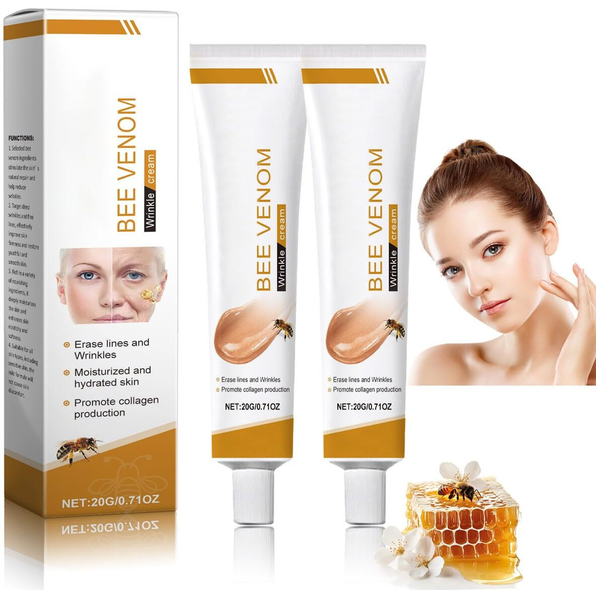 Bee Venom Moisturiser Cream Wrinkle Removal & Firming, Anti-Aging Eye&Face Bee Venom Skin Treatment Cream, Natural And Non-Irritating, Lifting & Recovery For All Skin Type (2 Packs, 20G)