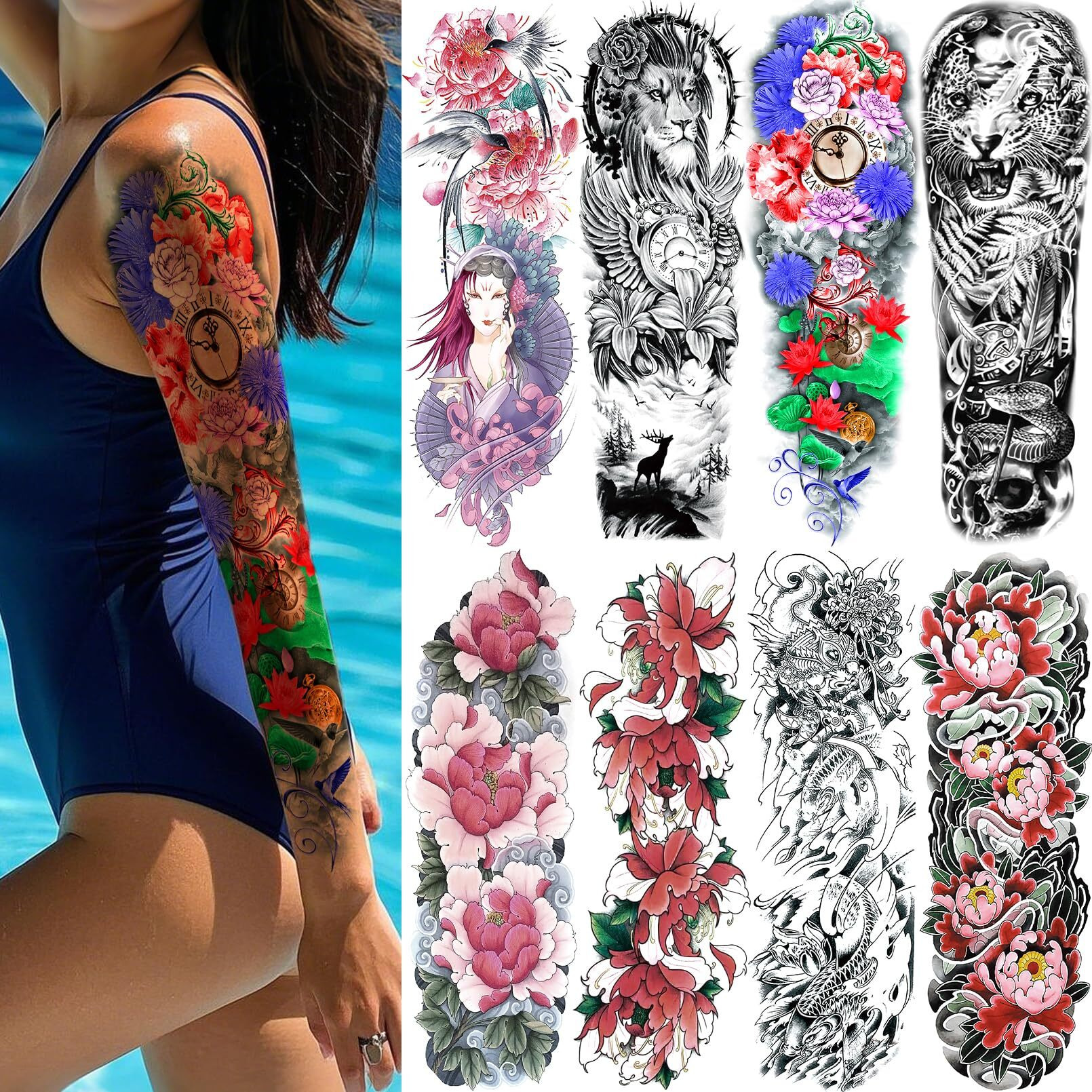 8 Sheets Full Arm Temporary Tattoos For Adults, Waterproof Realistic Flower Bird Feather Fake Sleeve Tattoos For Women And Men, Tiger Lion Tattoo Set Hand Body Art For Party Celebration Cosplay