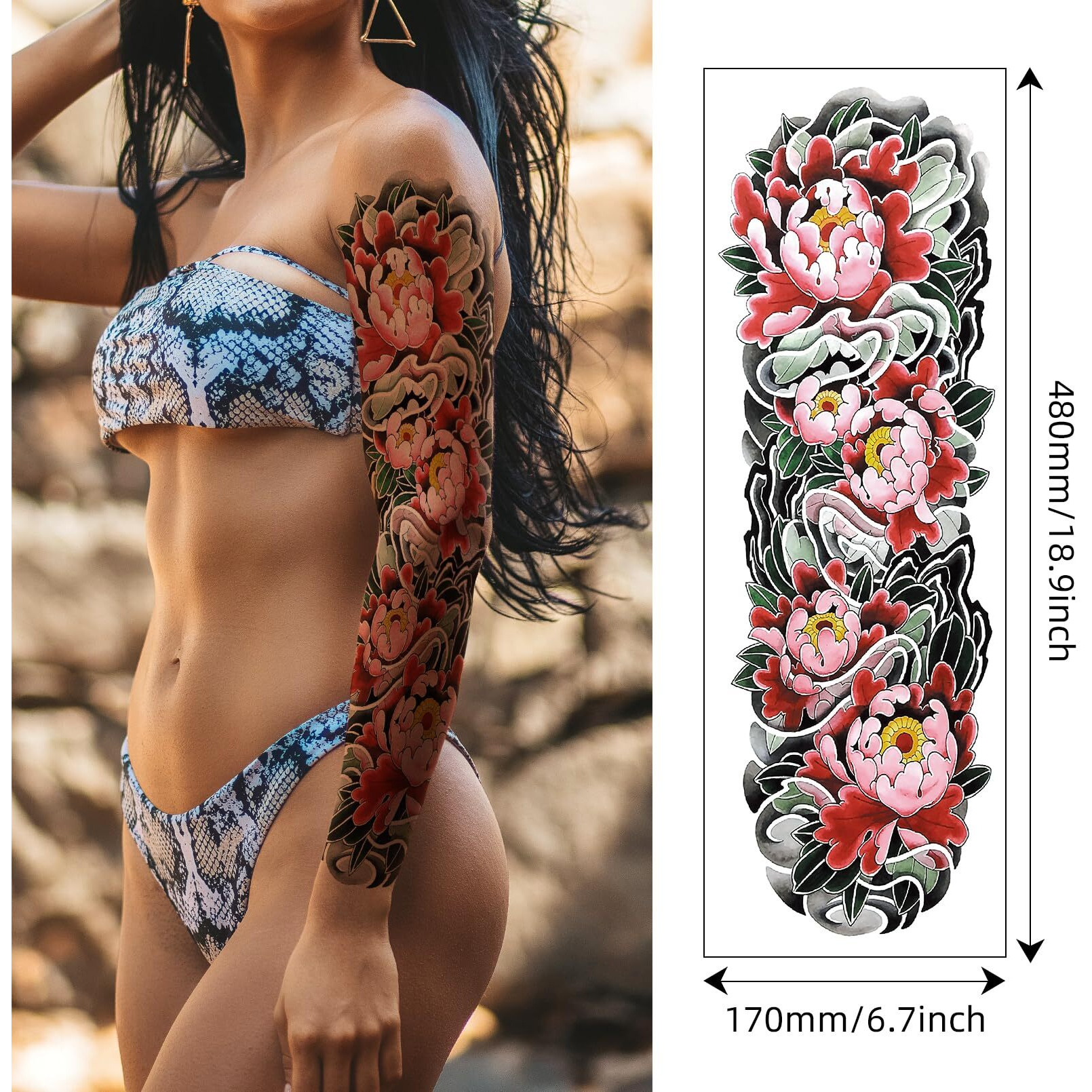 8 Sheets Full Arm Temporary Tattoos For Adults, Waterproof Realistic Flower Bird Feather Fake Sleeve Tattoos For Women And Men, Tiger Lion Tattoo Set Hand Body Art For Party Celebration Cosplay