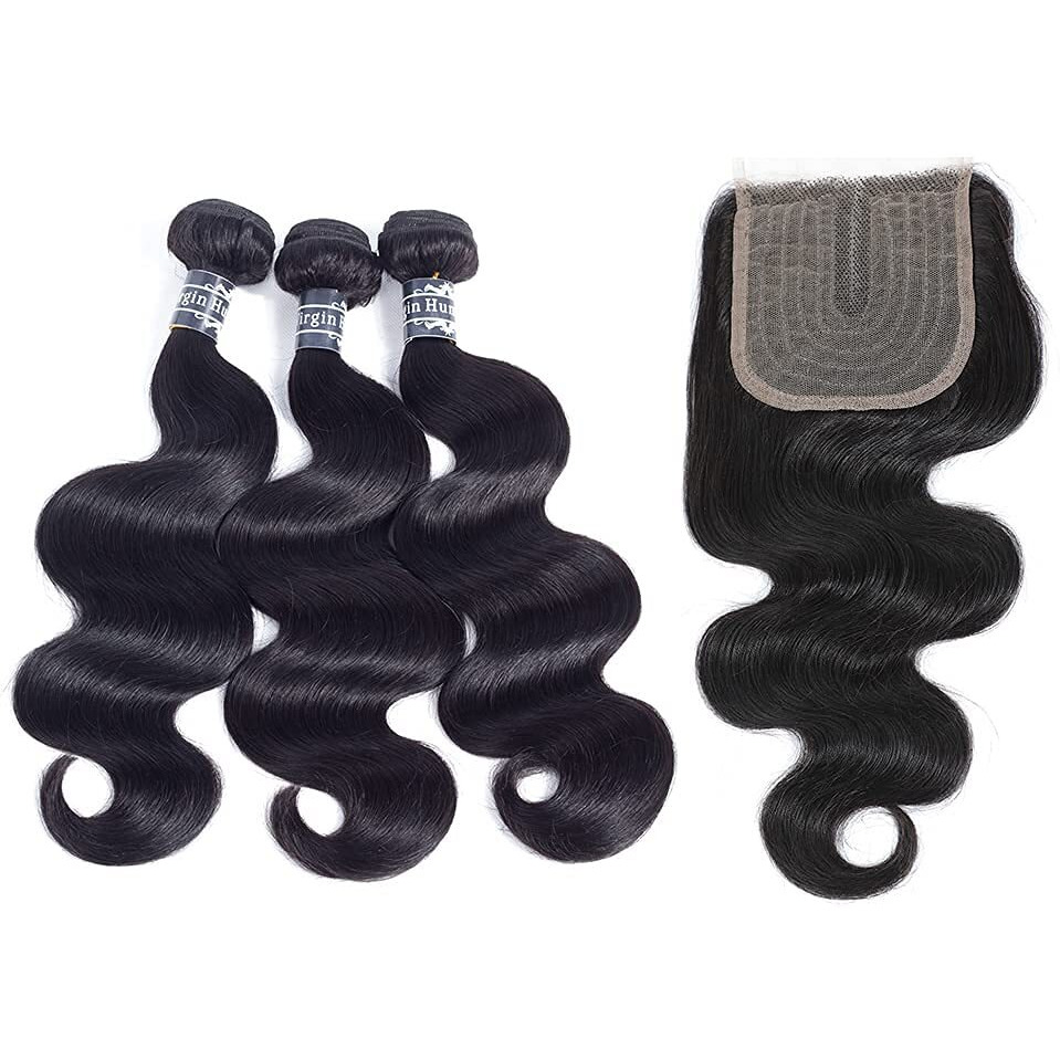 Amella Hair Brazilian Body Wave Hair 3 Bundles With T Part Lace Closure Middle Part,Brazilian Virgin Hair 4X0.75 Inch Lace Closure Human Hair Natural Black Color (14 16 18+12Inch Closure)