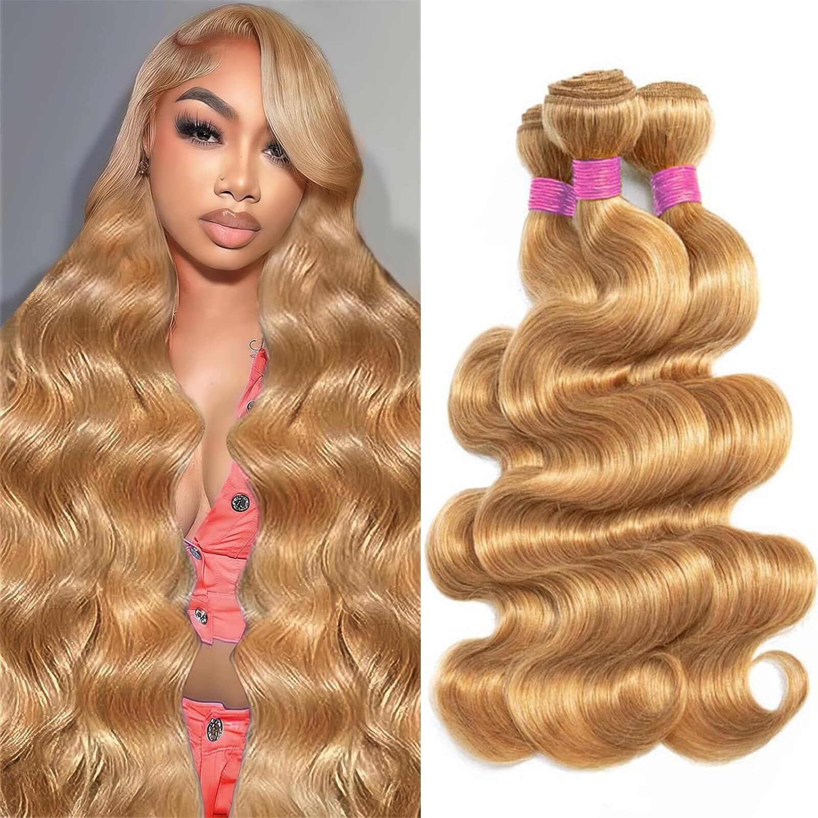 Vallbest Honey Blonde Bundles Human Hair 27 Body Wave Bundles 18 20 22 Inch 3 Bundles 100% Unprocessed Brazilian Virgin Hair 12A Virgin Raw Remy Weave Human Hair Extensions For Women