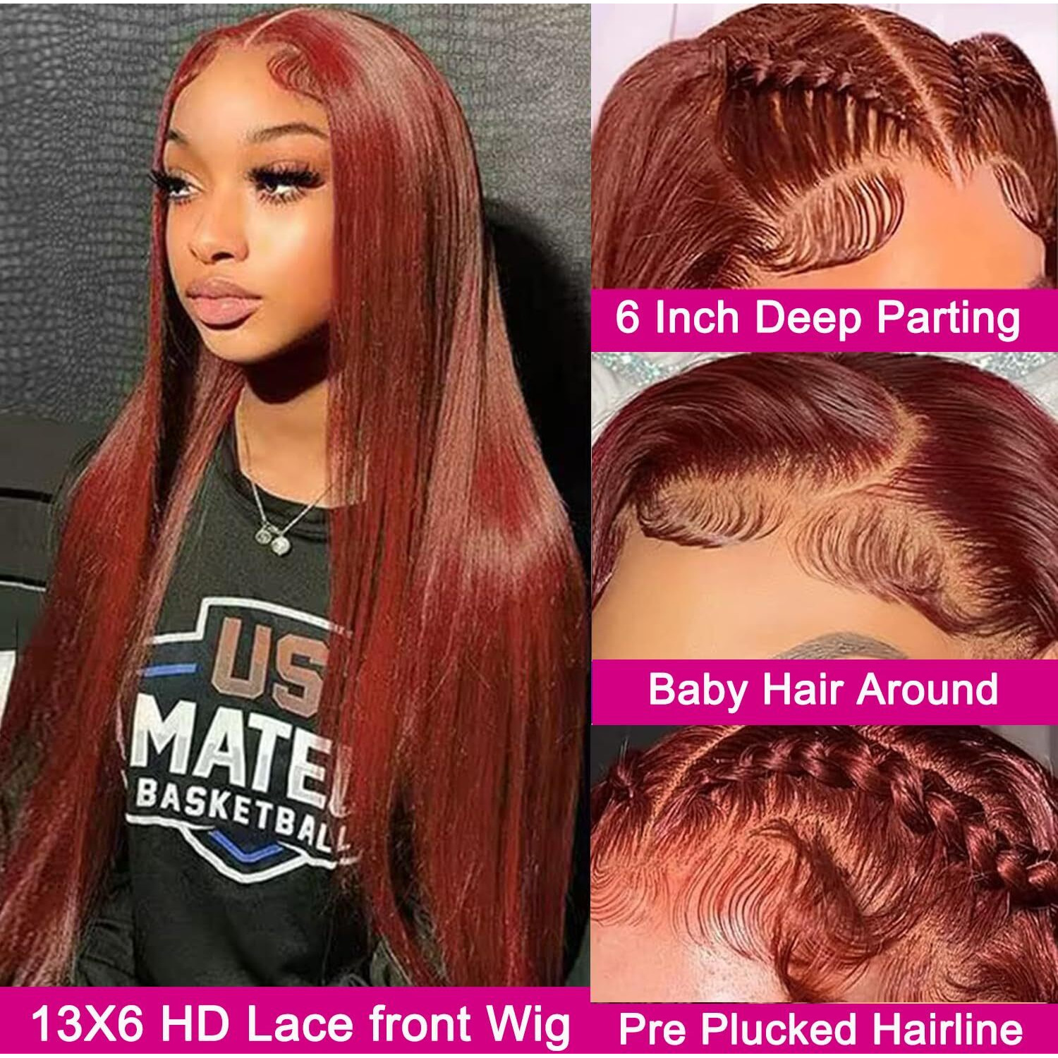 Reddish Brown Lace Front Wigs Human Hair 13X6 Body Wave Lace Front Wig 33 Lace Frontal Wigs Human Hair Pre Plucked For Women Glueless Colored Reddish Brown Wig 180% Density 18 Inch