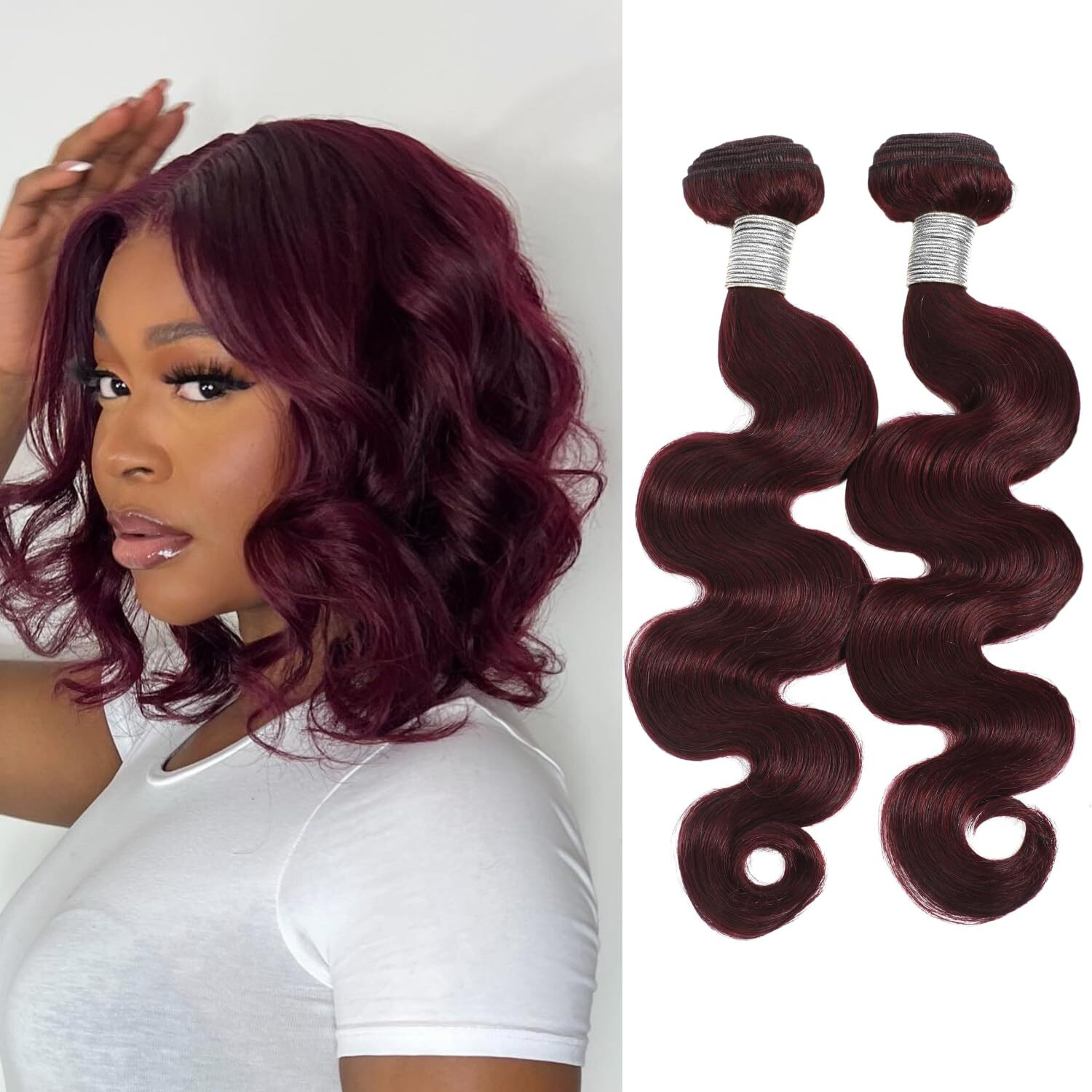 Alher 99J Dark Burgundy Bundles Human Hair Body Wave, 12A 100% Unprocessed Virgin Remy Human Hair For Black Women Soft Thick Sew In Weave Wavy Wine Red Colored 2 Bundles 14 14 Inch