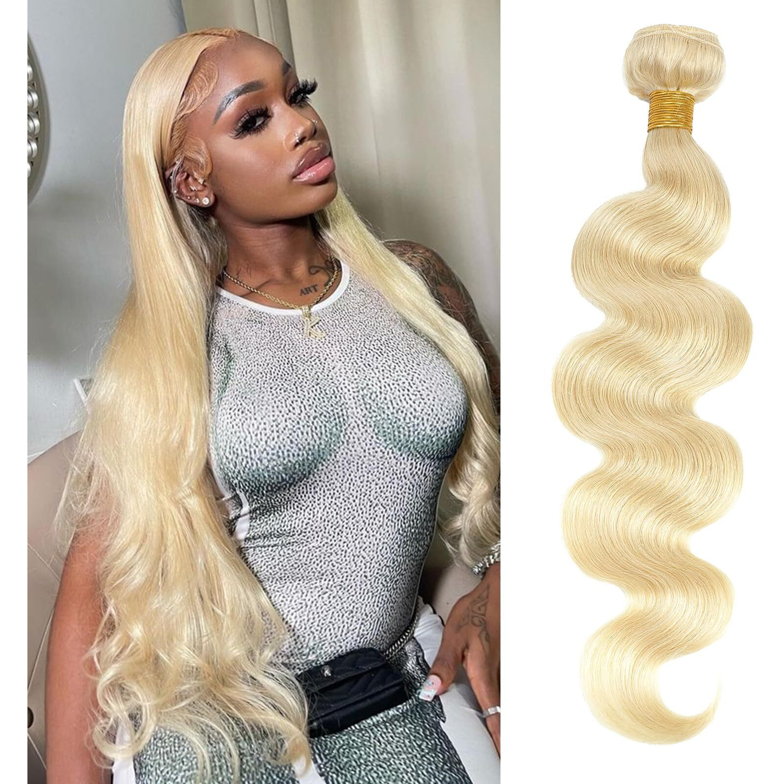 Dmkeep 613 Bundles Human Hair 24 Inch - 12A Blonde Body Wave Bundles 100% Unprocessed Brazilian Virgin Hair Single Bundle 100G Quick Weave Real Human Hair Extensions