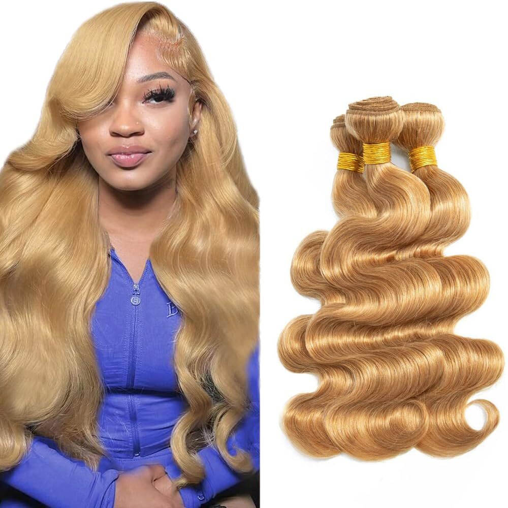 27 Human Hair Bundles Honey Blonde Body Wave Human Hair 18 20 22 Inch Unprocessed Brazilian Virgin Color 27 Body Wave Bundles