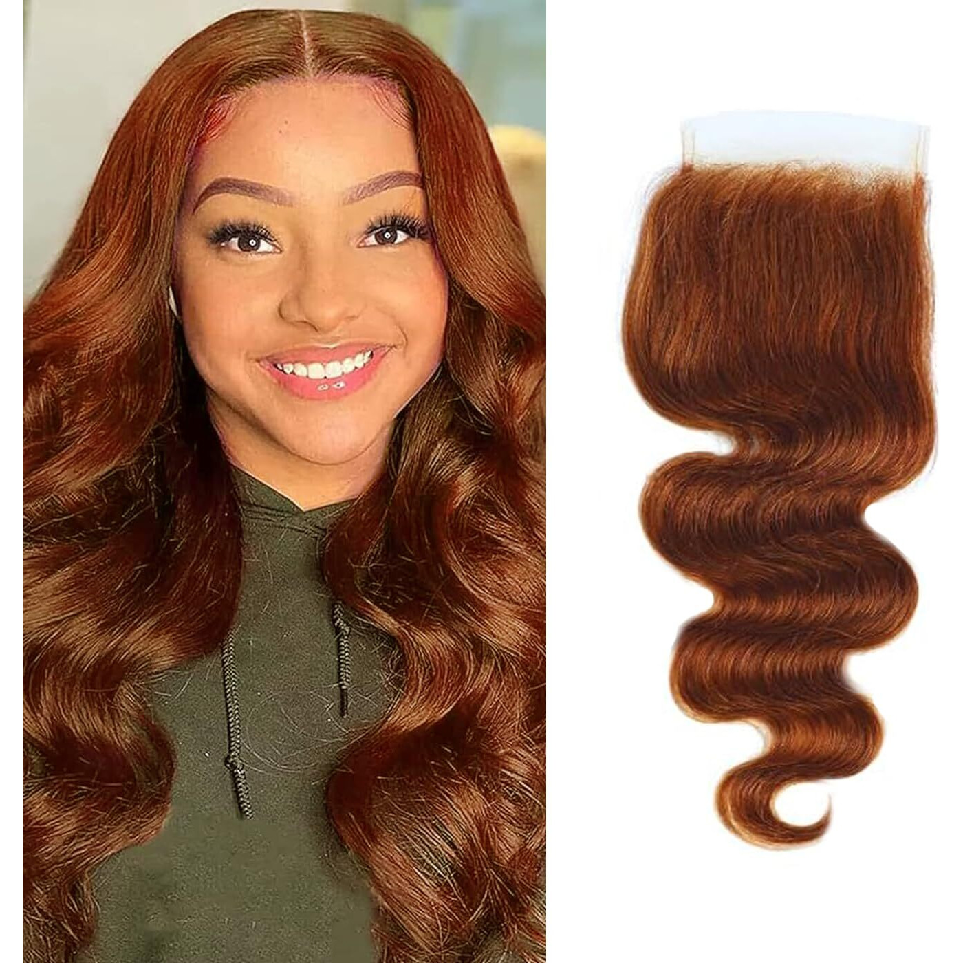 Reddish Brown 33B Human Hair 5X5 Lace Closure Body Wave 150% Density Unprocessed Virgin Human Hair 5X5 Free Part Bleached Knots Pre-Plucked Hairline 12 Inch