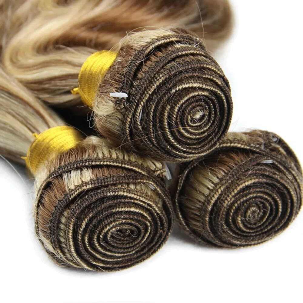 P4613 Bundles Highlight Body Wave Human Hair Bundle Two Tone Chocolate Brown Mixed With Blonde 3 Bundles 12 12 12 Inch 613 Body Wave Bundle Ombre Hair Weave