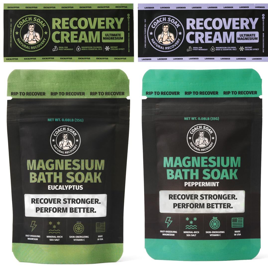 Coach Soak Magnesium Flakes Bath Salts & Magnesium Lotion Trial Pack (Set Of 4) - Lavender, Eucalyptus And Peppermint - Alternative To Epsom Salts Bath Soak