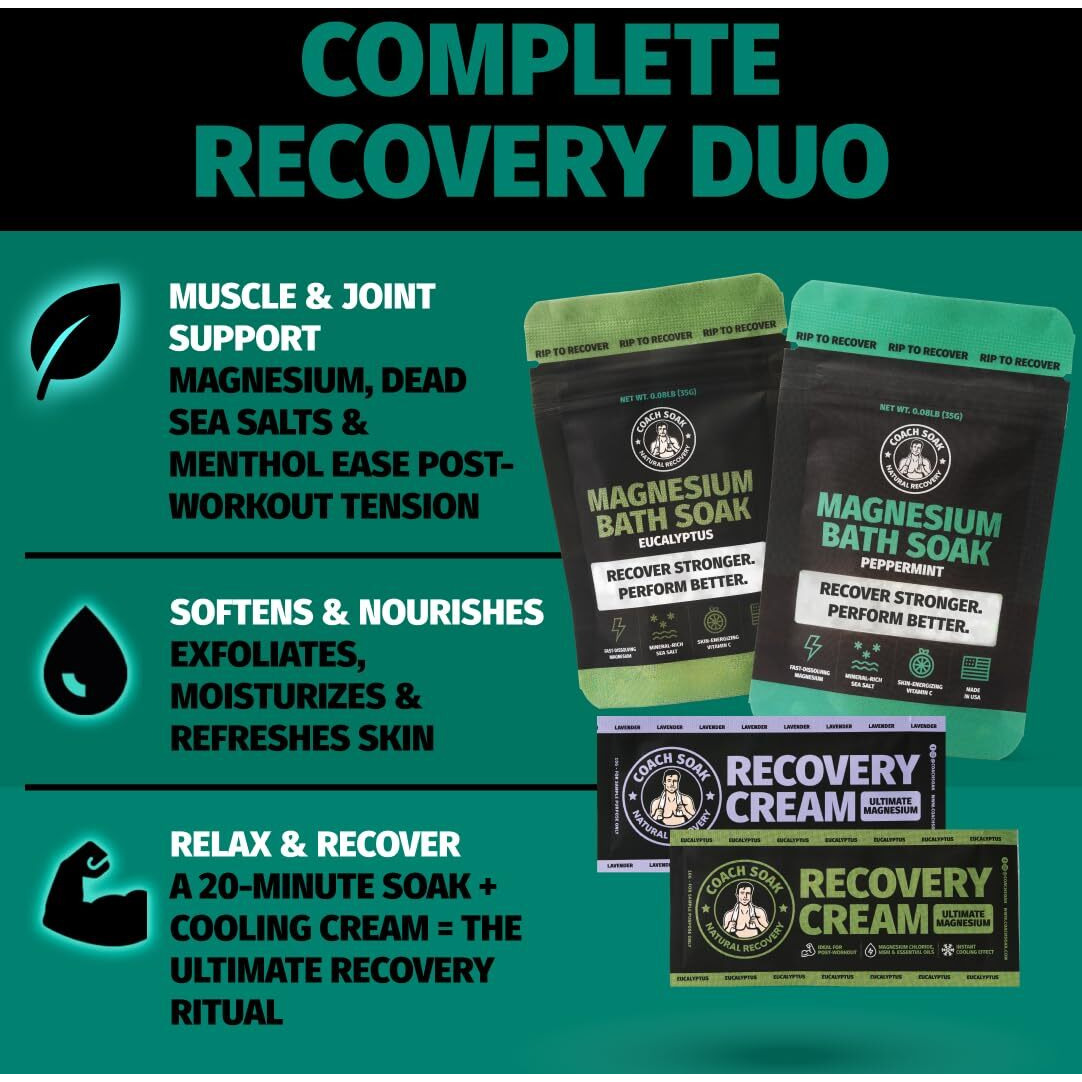 Coach Soak Magnesium Flakes Bath Salts & Magnesium Lotion Trial Pack (Set Of 4) - Lavender, Eucalyptus And Peppermint - Alternative To Epsom Salts Bath Soak