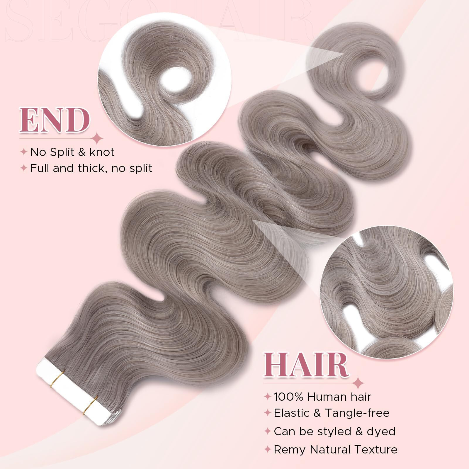 Segohair Wavy Tape In Hair Extensions Real Human Hair With Double-Sided Adhesive Professional Hair Extensions For Women 20Pcs Body Wave 16 Inches Grey