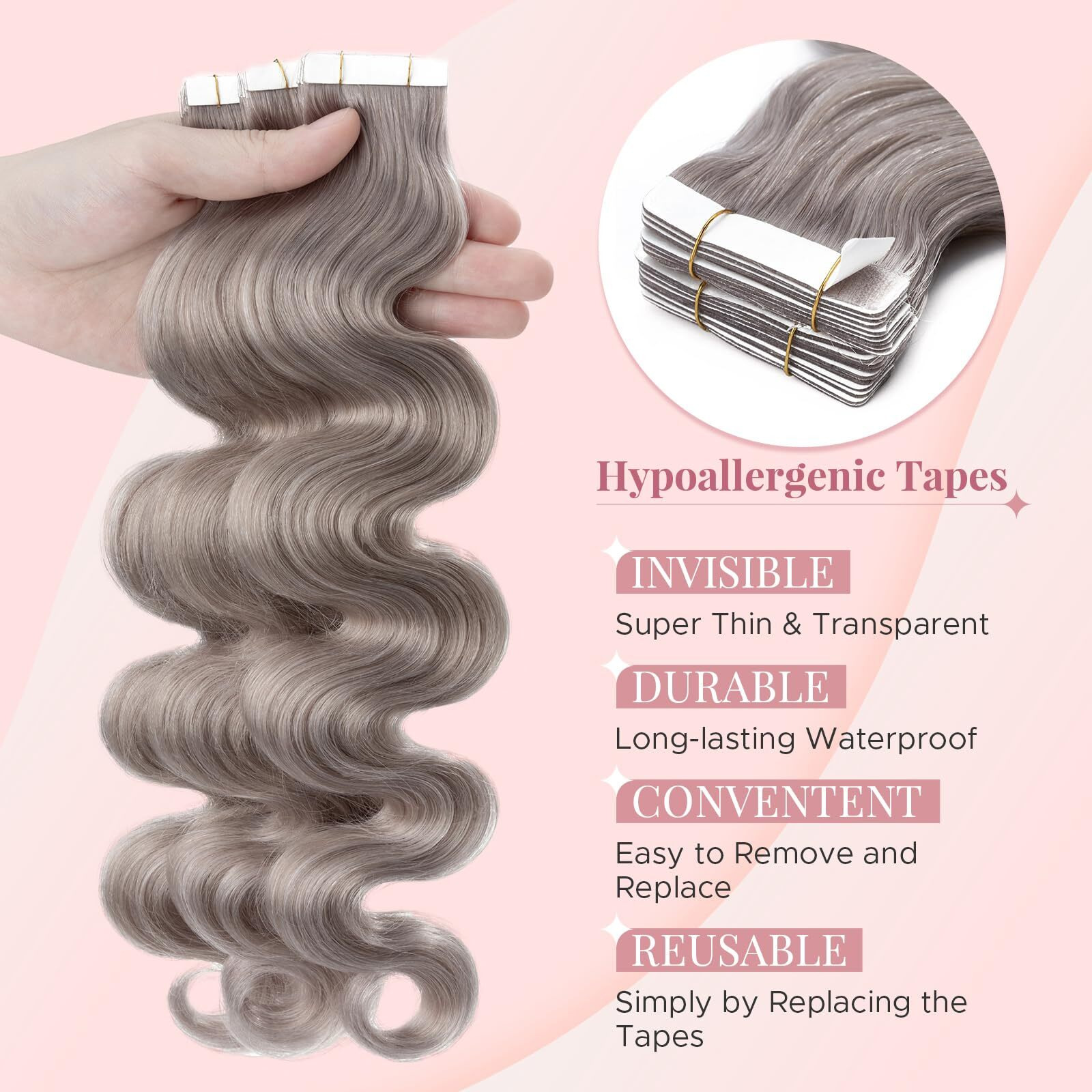 Segohair Wavy Tape In Hair Extensions Real Human Hair With Double-Sided Adhesive Professional Hair Extensions For Women 20Pcs Body Wave 16 Inches Grey