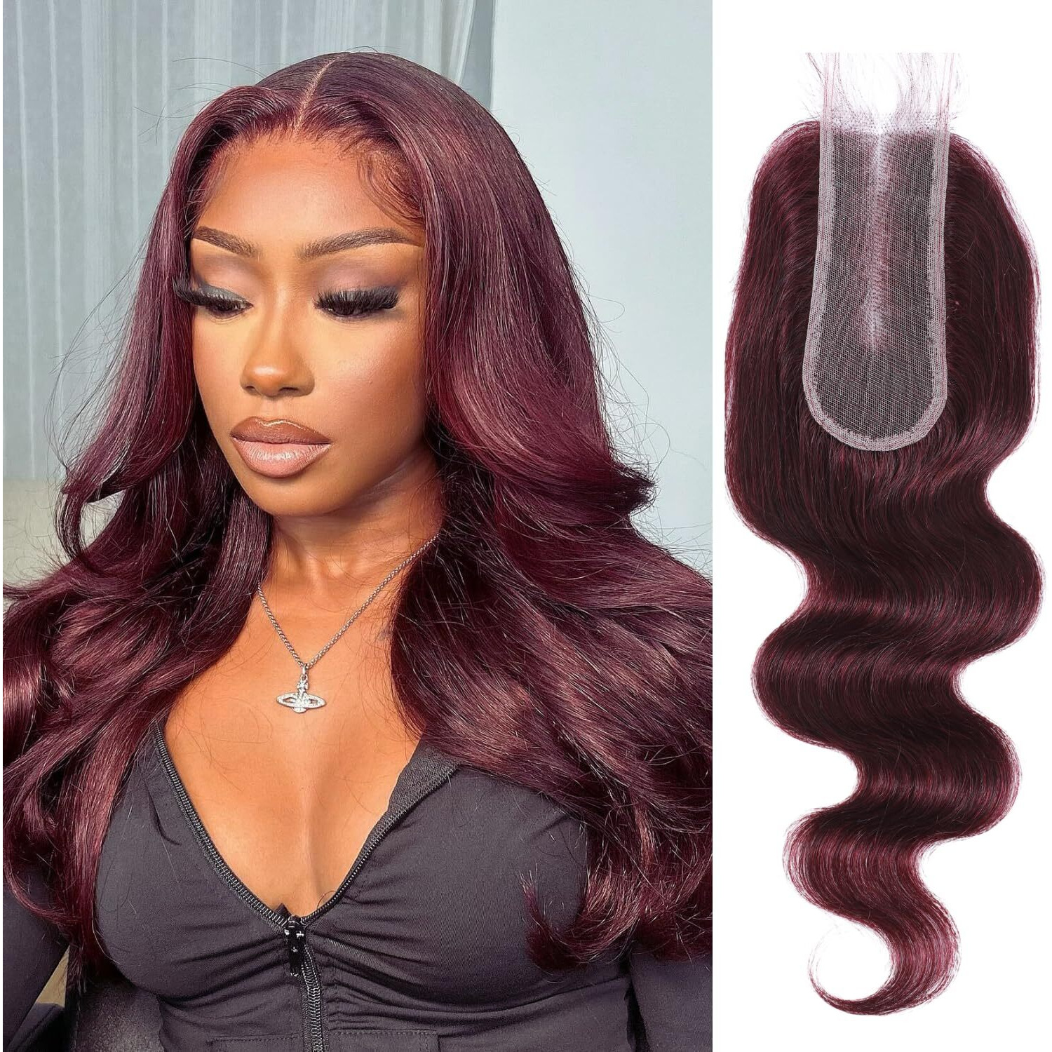 Alher Dark Burgundy 2X6 Hd Lace Closure Human Hair Body Wave, 12A Wine Red 99J Long Deep Parting 2 By 6 Hd Transparent Lace Closure Middle Part Kim K Closure Wavy With Baby Hair (2X6 Closure, 14 Inch)