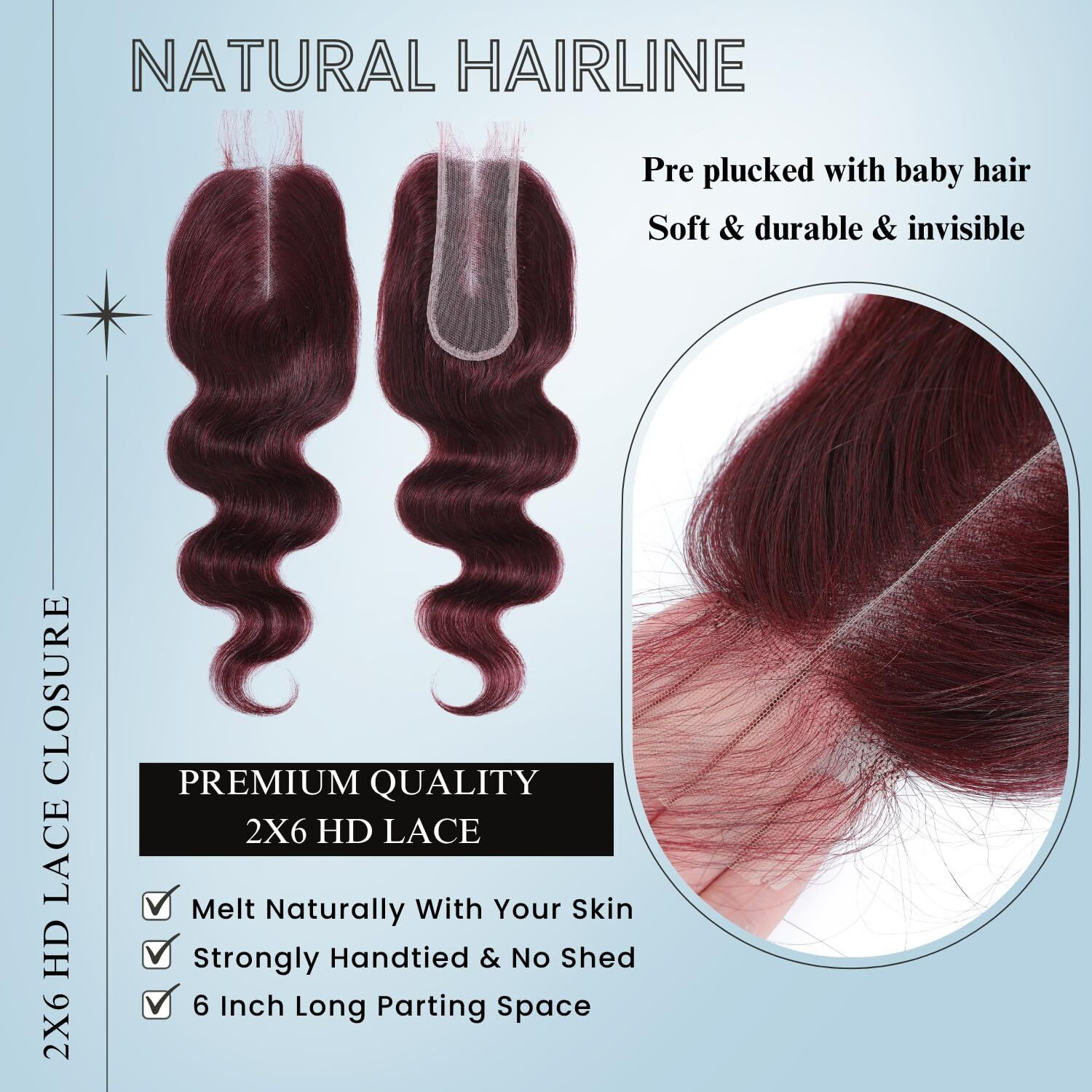 Alher Dark Burgundy 2X6 Hd Lace Closure Human Hair Body Wave, 12A Wine Red 99J Long Deep Parting 2 By 6 Hd Transparent Lace Closure Middle Part Kim K Closure Wavy With Baby Hair (2X6 Closure, 14 Inch)