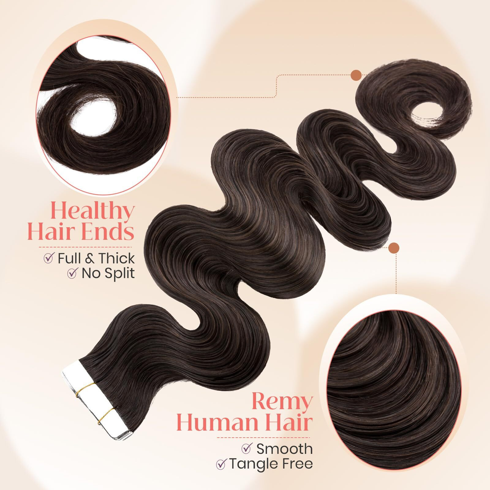 Elailite Wavy Tape In Hair Extensions Human Hair Body Wave Real Remy Hairpieces Dark Brown 14 Inch 40G 20Pcs Invisible Seamless Skin Weft Best Tape For Women