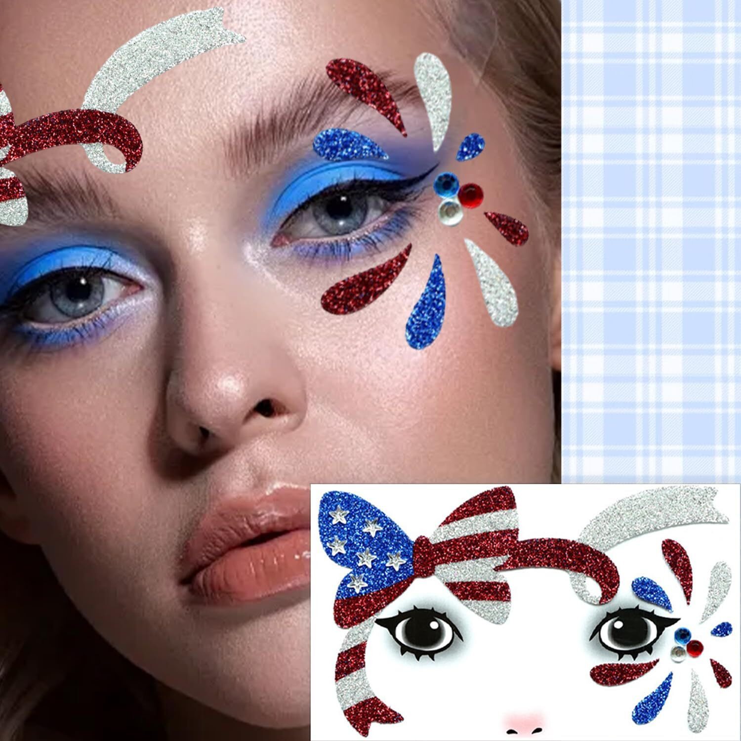 Patriotic Face Gems Set,Glitter Bow Usa Flag Face Jewels Stick On Face 4Th Of July Eye Gems Face Stickers For Women, Body Eyes Face Tattoos Sticker For Independence Day Party Festival Accessor