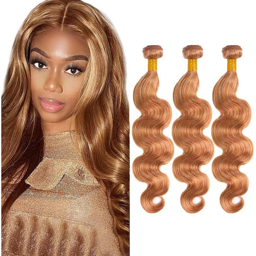 Light Brown Bundles Highlight Body Wave Human Hair P27/30 Highlight Honey Blonde Human Hair Bundles Silky Soft Remy Hair Highlight Honey Blonde Hair Weave 14 16 18 Inch