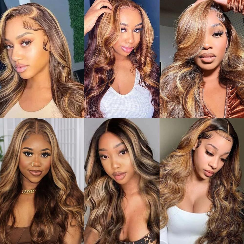 Light Brown Bundles Highlight Body Wave Human Hair P27/30 Highlight Honey Blonde Human Hair Bundles Silky Soft Remy Hair Highlight Honey Blonde Hair Weave 14 16 18 Inch