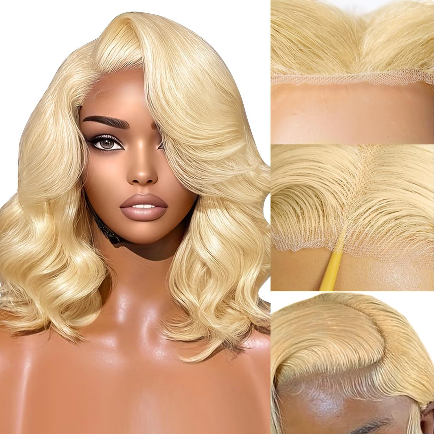 613 Lace Front Wig Human Hair 7  5 Glueless Blonde Body Wave Lace Front Wigs Human Hair Pre Plucked Pre Cut 180% Density Wear And Go Blonde Short Bob Wigs For Women 16Inch