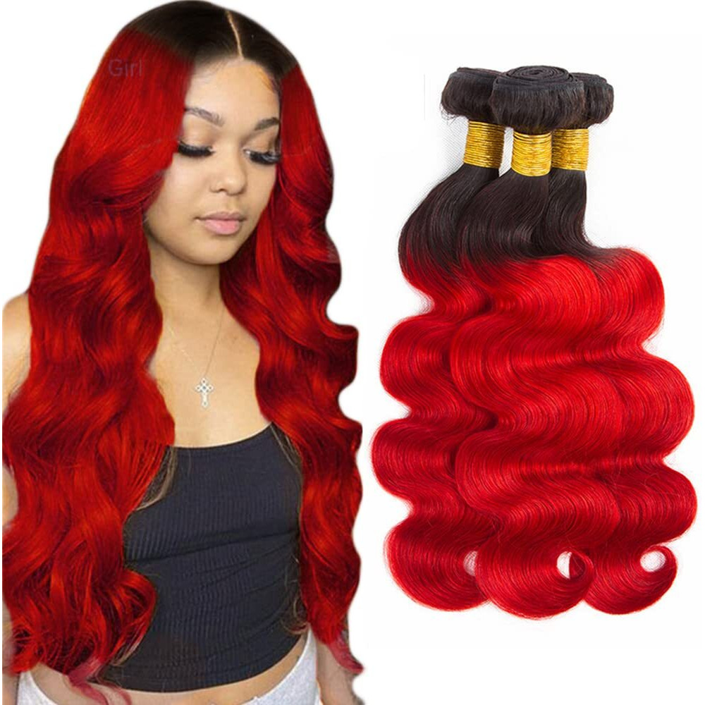 Red Body Wave Bundles Ombre Human Hair Bundle Tow Tone Black To Red Bundles 100% Unprocessed Virgin Hair Extensions 8 10 12 Inch