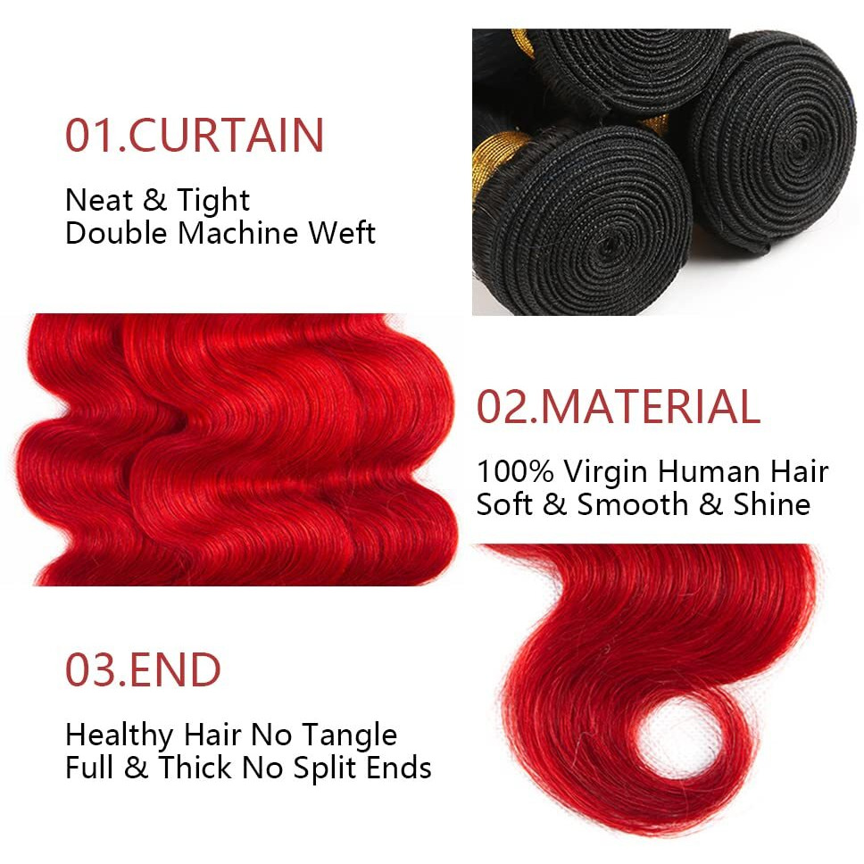 Red Body Wave Bundles Ombre Human Hair Bundle Tow Tone Black To Red Bundles 100% Unprocessed Virgin Hair Extensions 8 10 12 Inch
