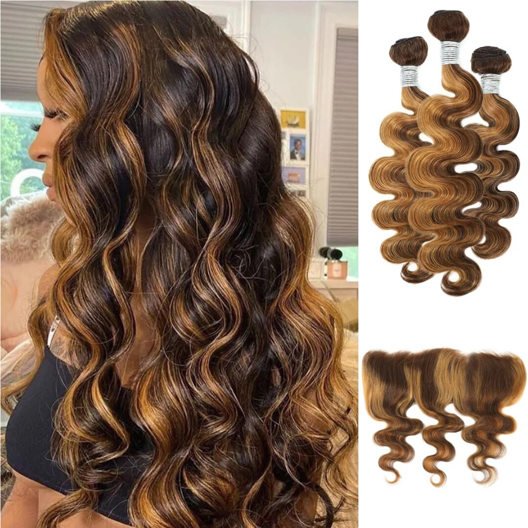 Alher 4/27 Honey Blonde Highlight 3 Bundles With 13X4 Frontal (16 18 20 + 16), 12A Balayage Ombre Honey Brown 100% Virgin Remy Hair Bundles Body Wave,With Ear To Ear Hd Lace Frontal Closure Free Part