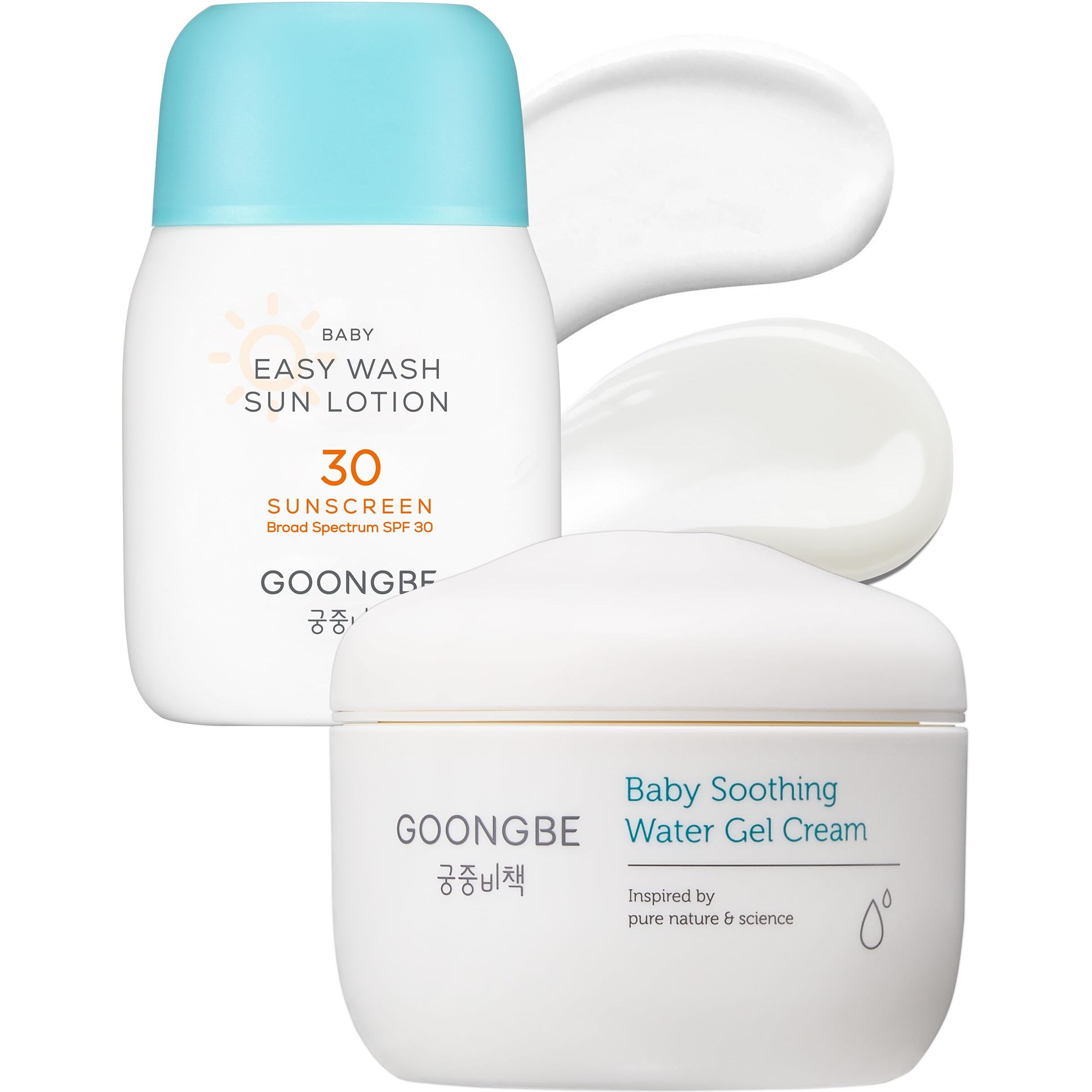 Goongbe Baby Easy Wash Sun Lotion Spf 30 & Soothing Water Gel Cream - Korean Zinc Oxide Mineral Sunscreen & Cooling Moisturizer - Vegan Hypoallergenic For Ages 0-3, Lotion 2.11Oz & Gel Cream 3.38Oz