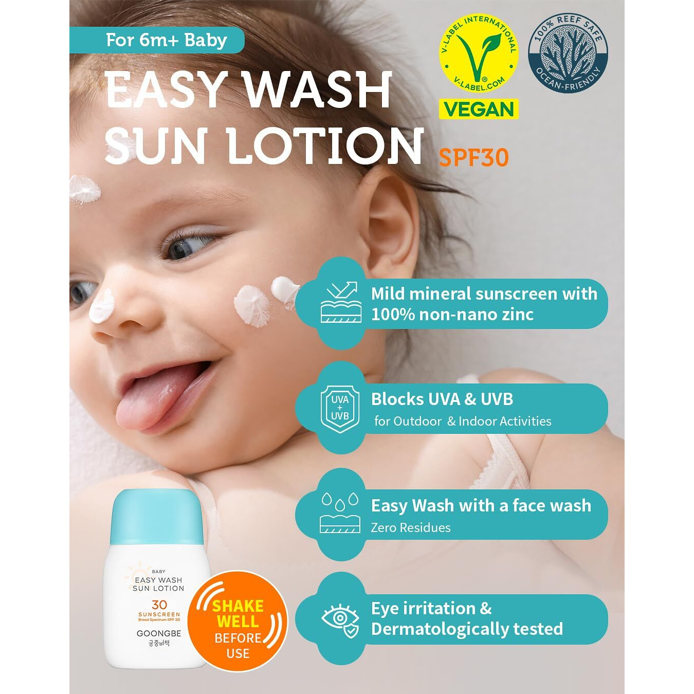 Goongbe Baby Easy Wash Sun Lotion Spf 30 & Soothing Water Gel Cream - Korean Zinc Oxide Mineral Sunscreen & Cooling Moisturizer - Vegan Hypoallergenic For Ages 0-3, Lotion 2.11Oz & Gel Cream 3.38Oz