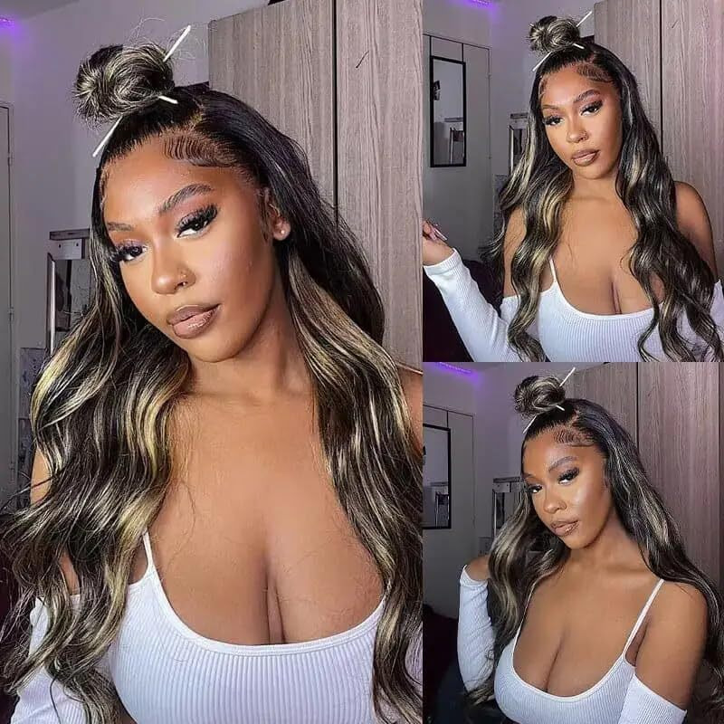 P1B27 Highlight Human Hair Bundles Honey Blonde Body Wave 3 Bundles 14 14 14 Inch Grade 8A Remy Blonde Body Wave Human Hair Bundle