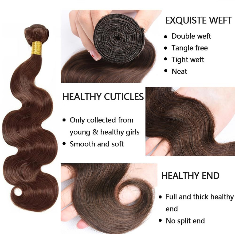 4 Brown Bundles Human Hair Body Wave Human Hair Bundles 20 Inch Chocolate Brazilian Hair 1 Bundle Unprocessed Virgin Remy Hair Extensions 50 Gram Per Bundle