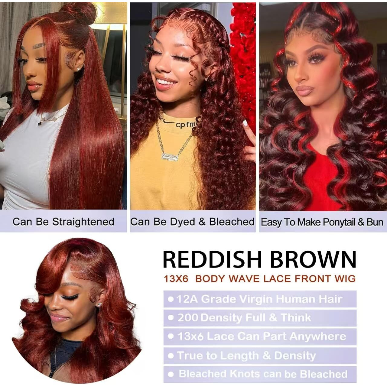 38 Inch Reddish Brown Wig Human Hair 13X6 Body Wave Lace Front Wigs Humanhair 200% Density Hd Transparent 33 Lace Frontal Wigs Pre Plucked With Baby Hair Brownish Red Human Hair Wig For Women