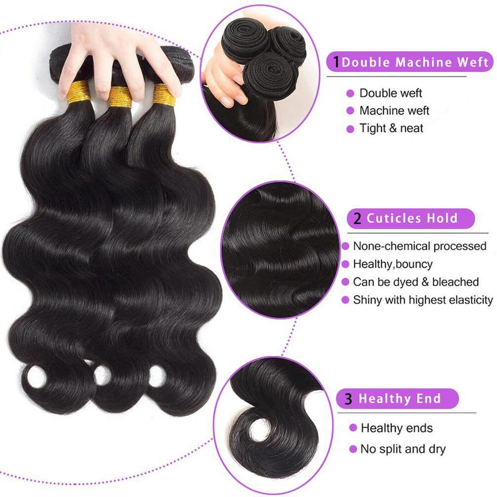 Body Wave Bundles Human Hair 18 20 22 Inch, 12A Brazilian Virgin Body Wave Human Hair Bundles,100% Unprocessed Natural Black Color Weave Deals Full And Thick Hair Extensions