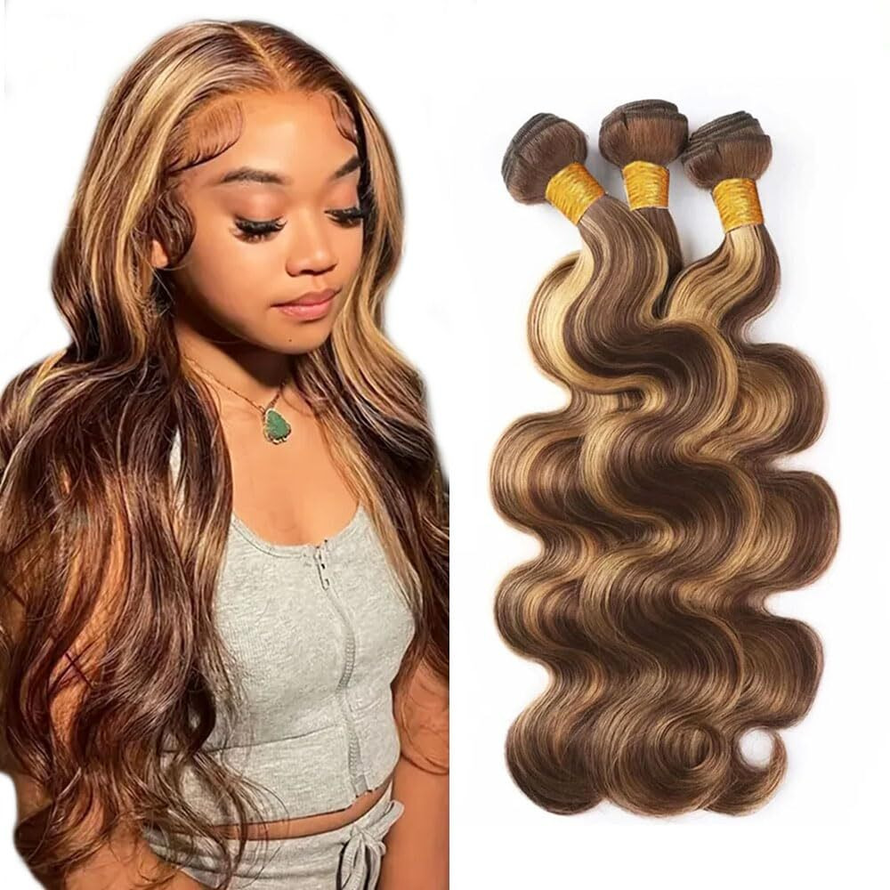 Zevpiul P427 Highlight Blonde Bundles Human Hair Brown Body Wave 3 Bundles 30 32 34 Inch Unprocessed Brazilian Virgin Remy Honey Blonde Bundle Human Hair Extensions