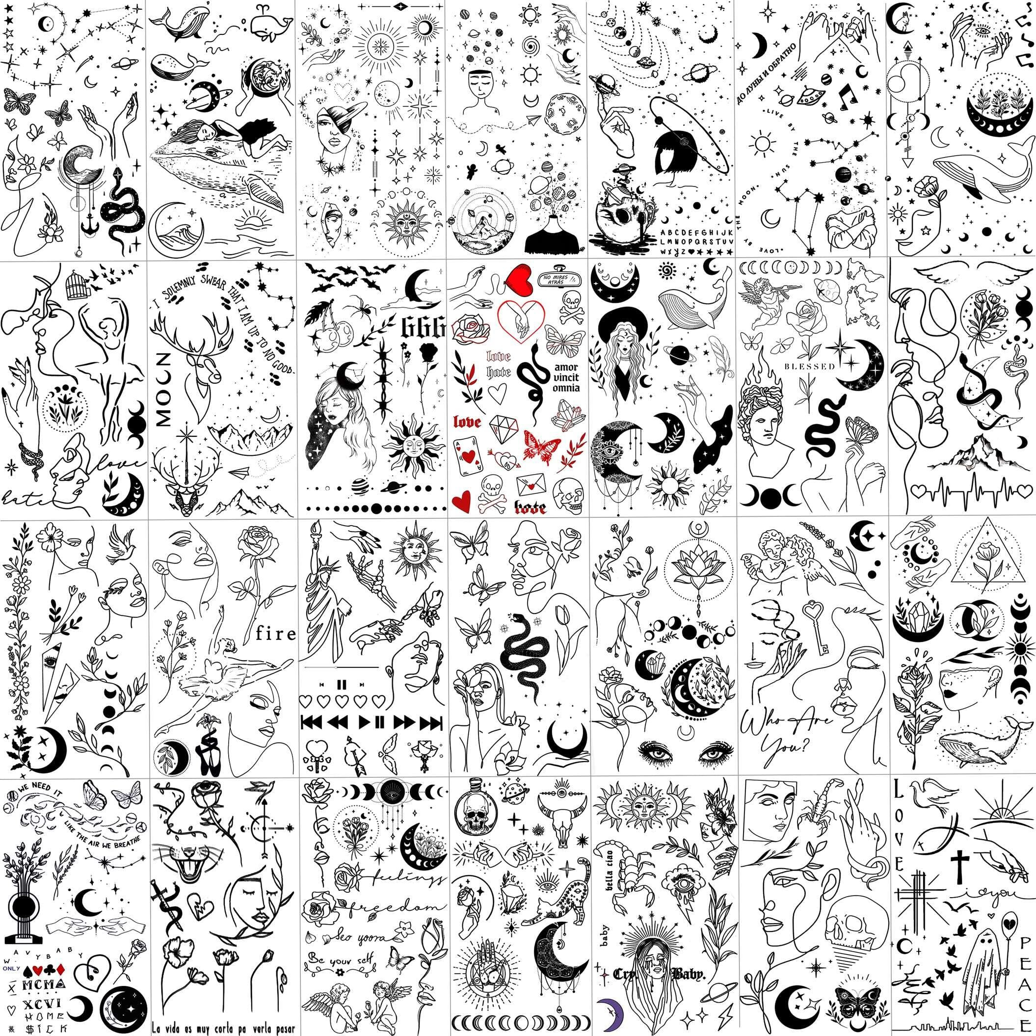 Shegazzi 28 Sheets 220+ Minimalism Temporary Tattoos - Moon, Sun, Stars, Snakes, Flowers For Women, Men, Adults, Kids