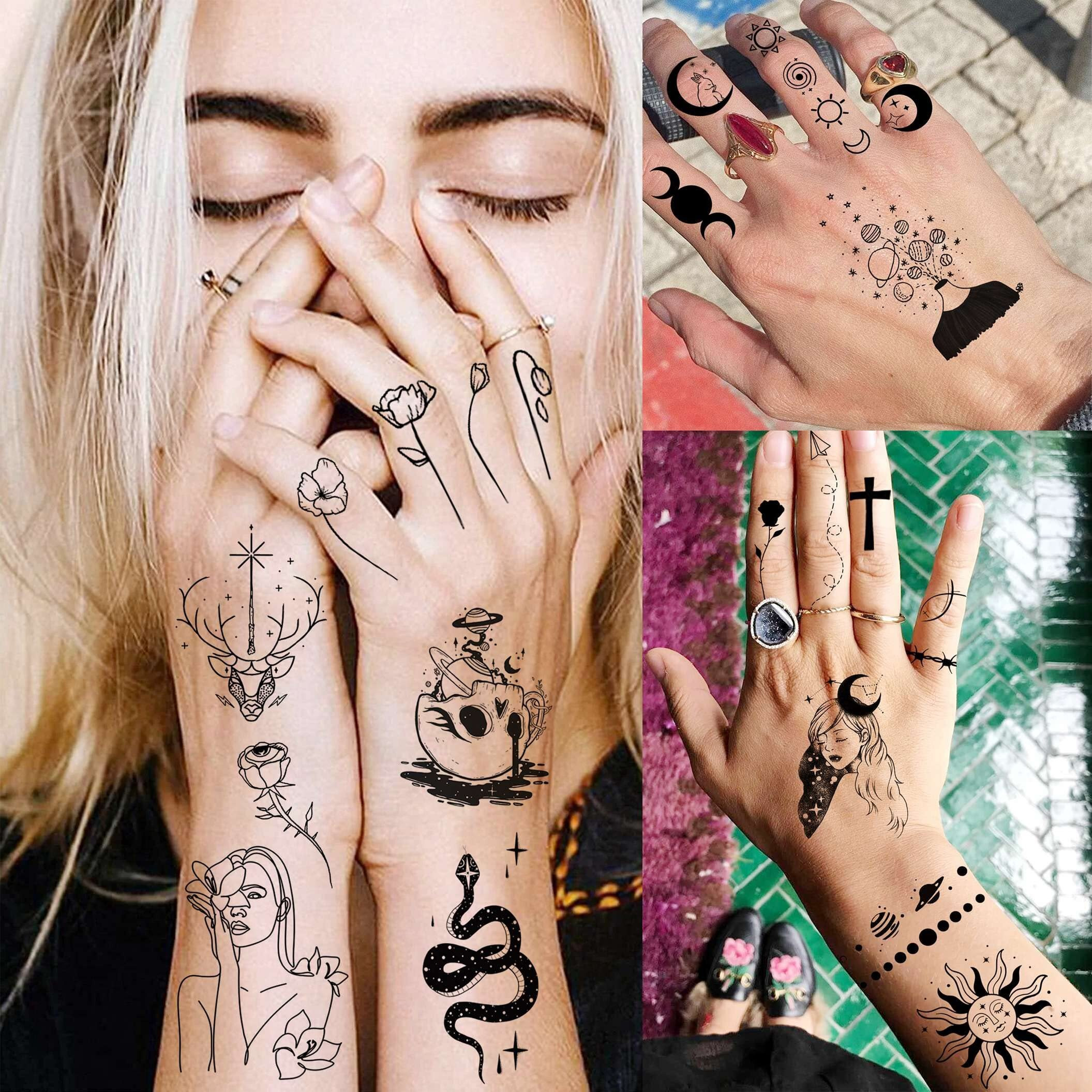 Shegazzi 28 Sheets 220+ Minimalism Temporary Tattoos - Moon, Sun, Stars, Snakes, Flowers For Women, Men, Adults, Kids