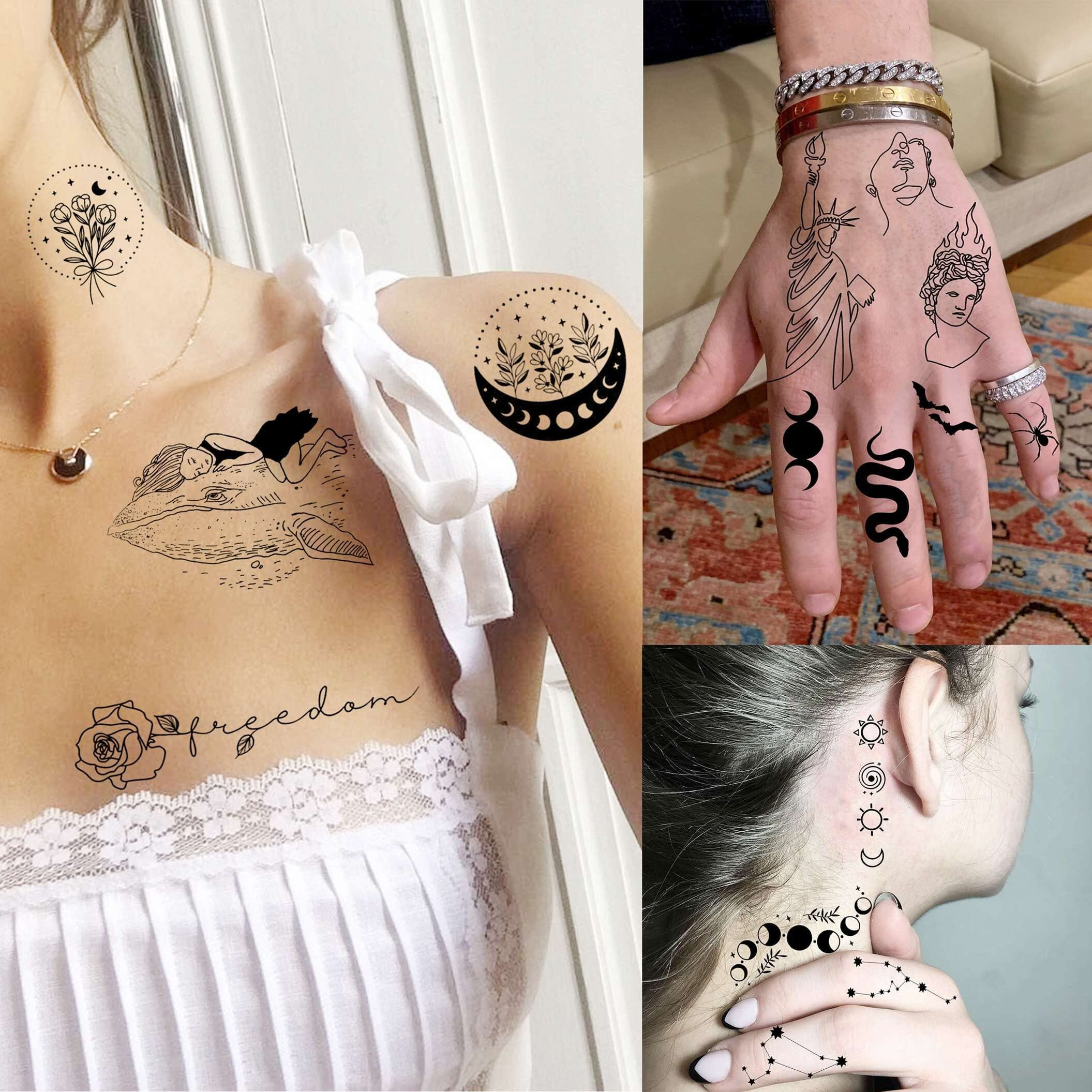 Shegazzi 28 Sheets 220+ Minimalism Temporary Tattoos - Moon, Sun, Stars, Snakes, Flowers For Women, Men, Adults, Kids