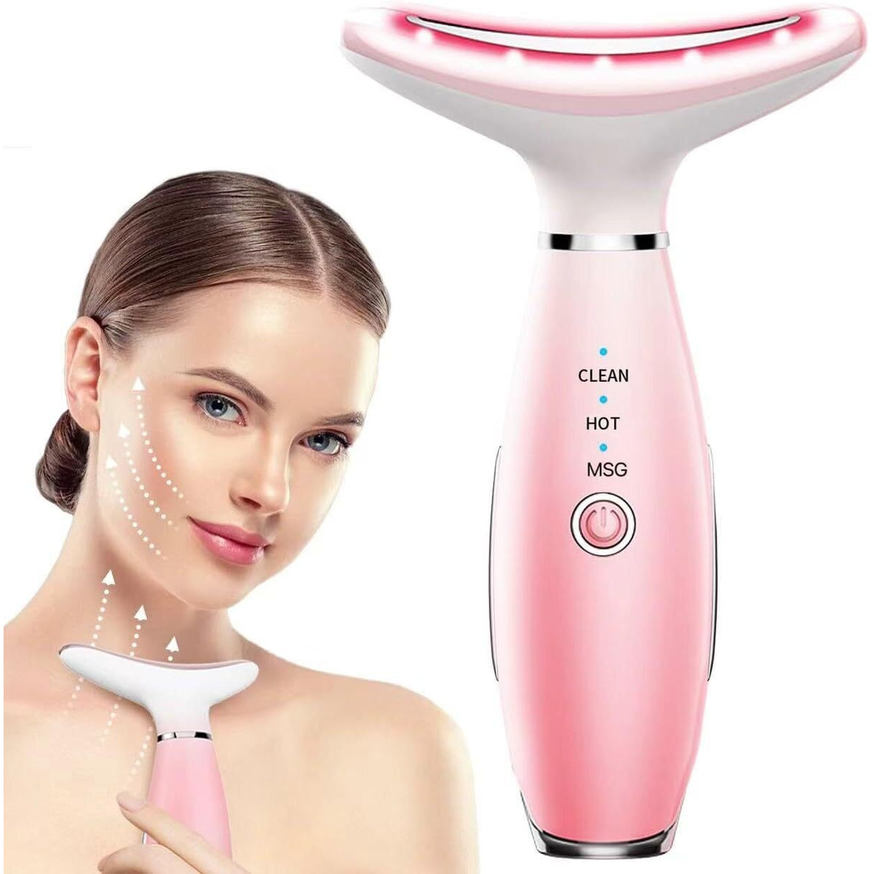 Tlinna Face Massager -7 Color Red-Light-Therapy For Face And Neck For Wrinkles, Double Chin, Vibrating Facial Massager With Thermals (Pink)